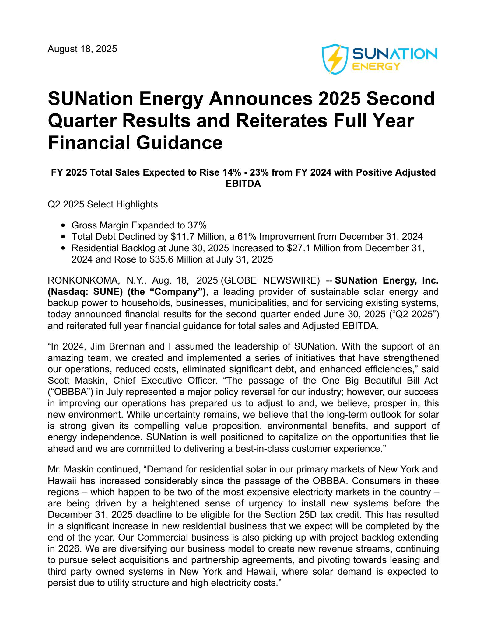SUNation Energy's Q2 2025 Press Release