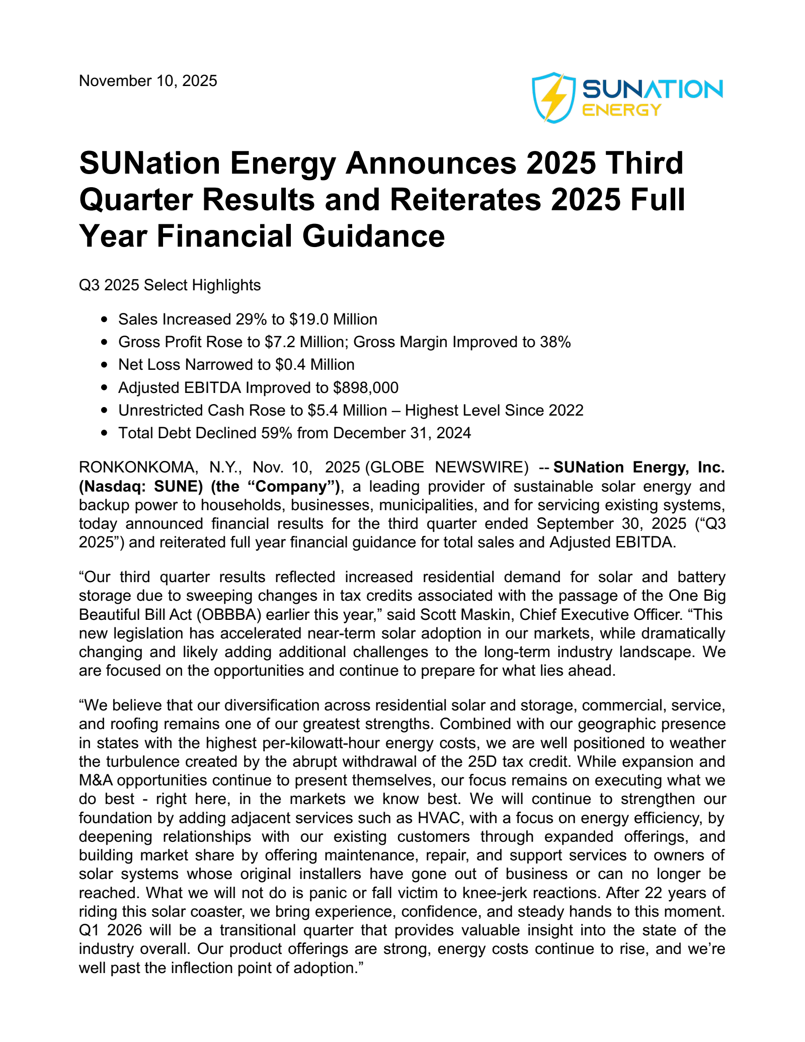 SUNation Energy's Q3 2025 Earnings Release