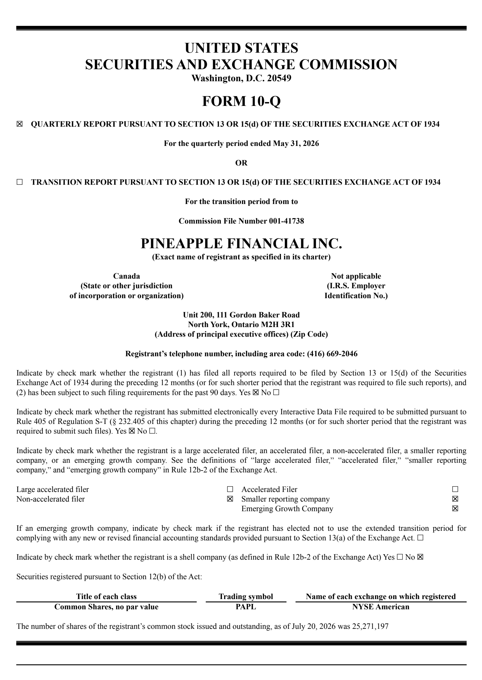Pineapple Financial's Q3 2026 Quarterly report