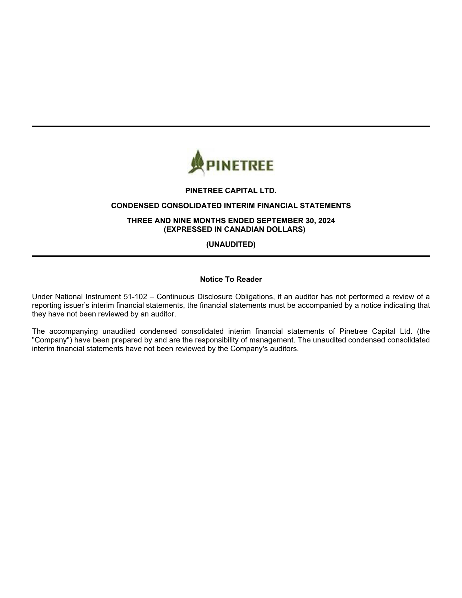 Pinetree Capital's Q3 2024 Interim report