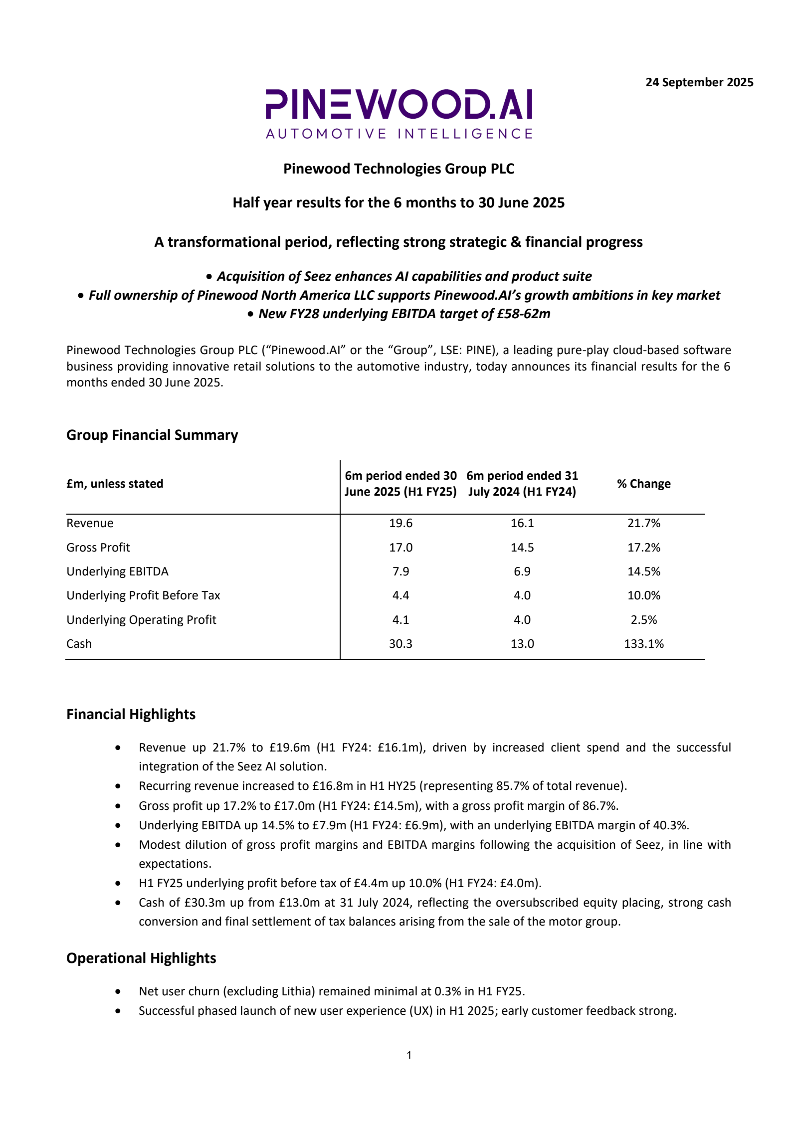 Pinewood Technologies Group's H1 2025 Interim Report