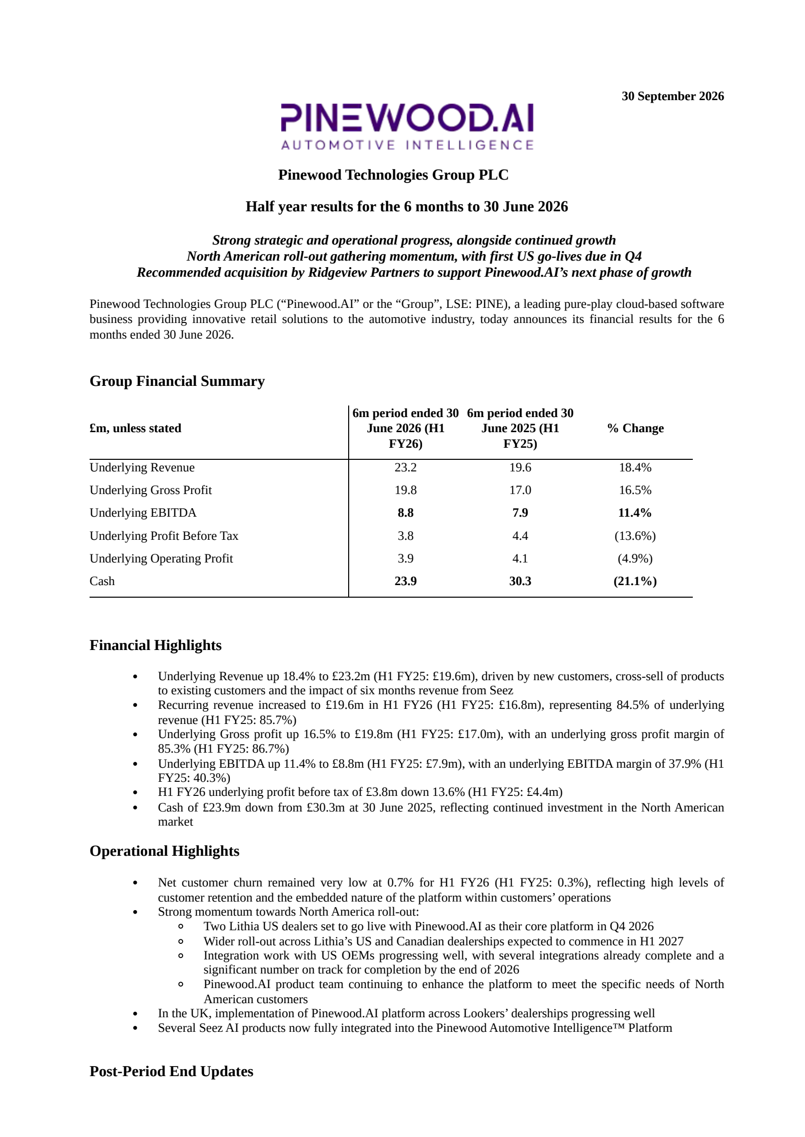 Pinewood Technologies Group's H1 2026 Interim report