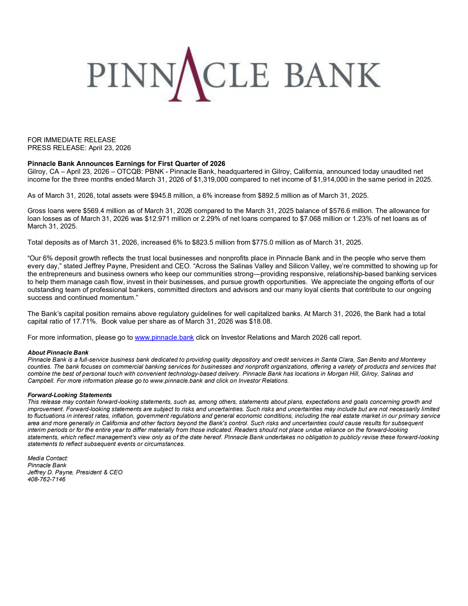 Pinnacle Bank's Q1 2026 Press Release