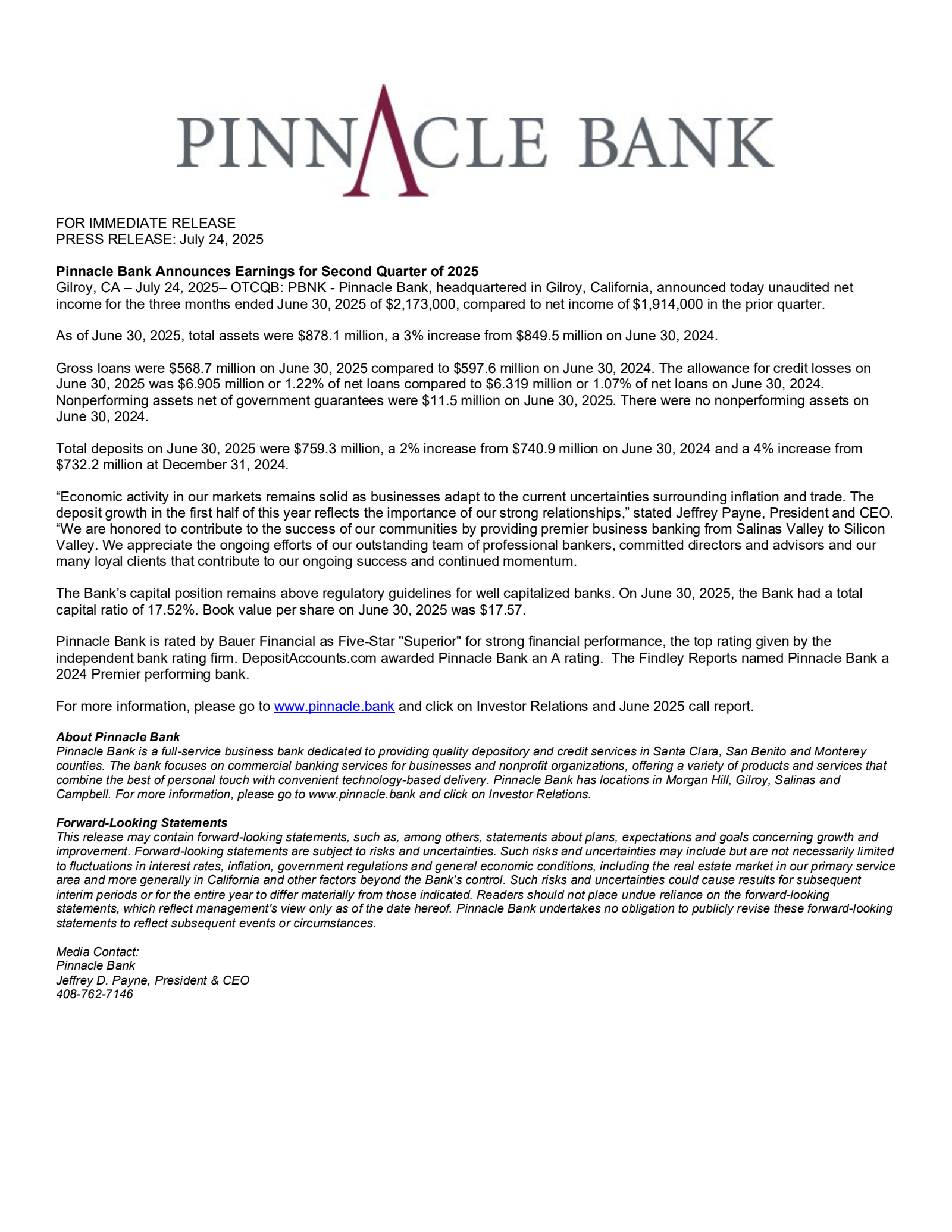 Pinnacle Bank's Q2 2025 Press Release