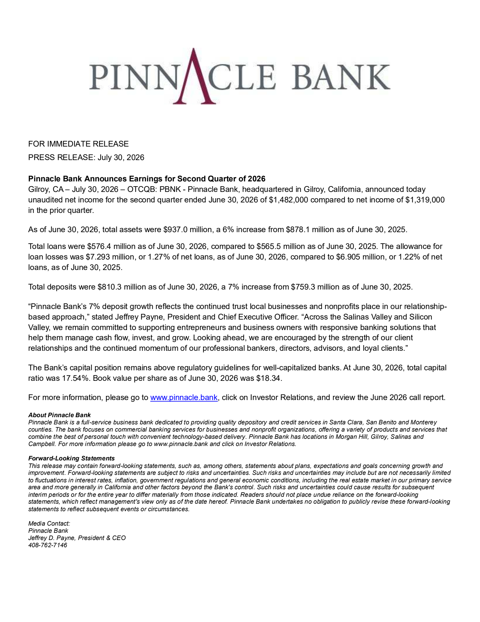 Pinnacle Bank's Q2 2026 Press Release