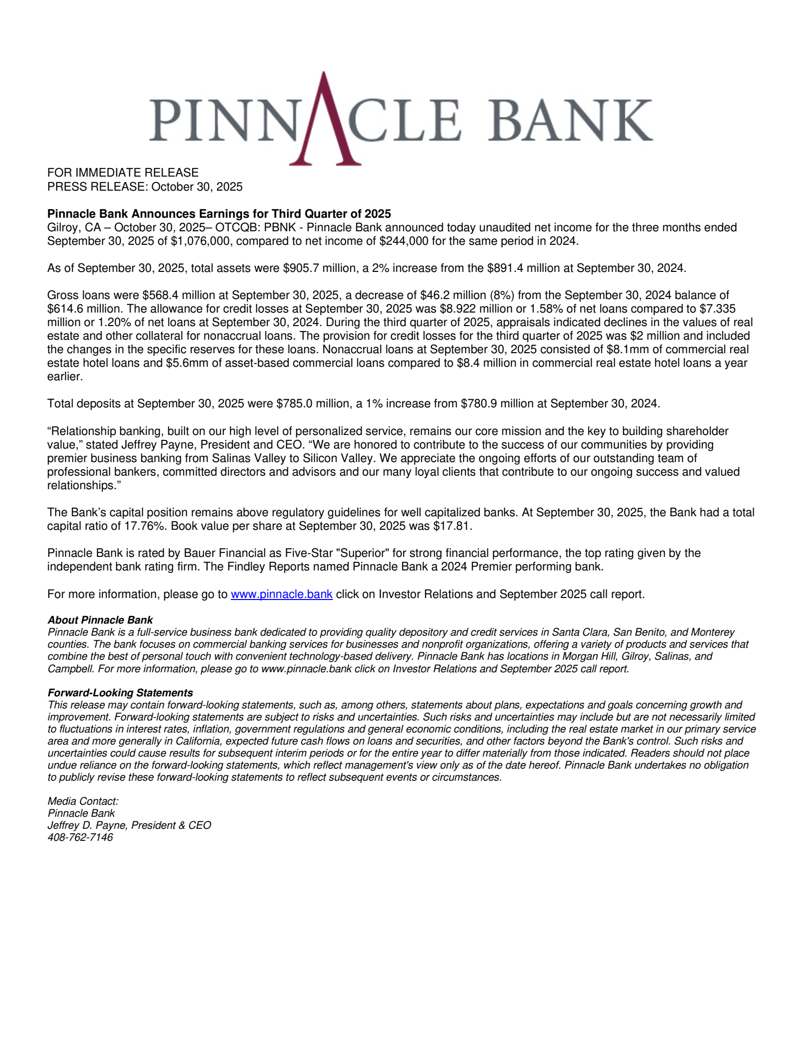 Pinnacle Bank's Q3 2025 Earnings Release