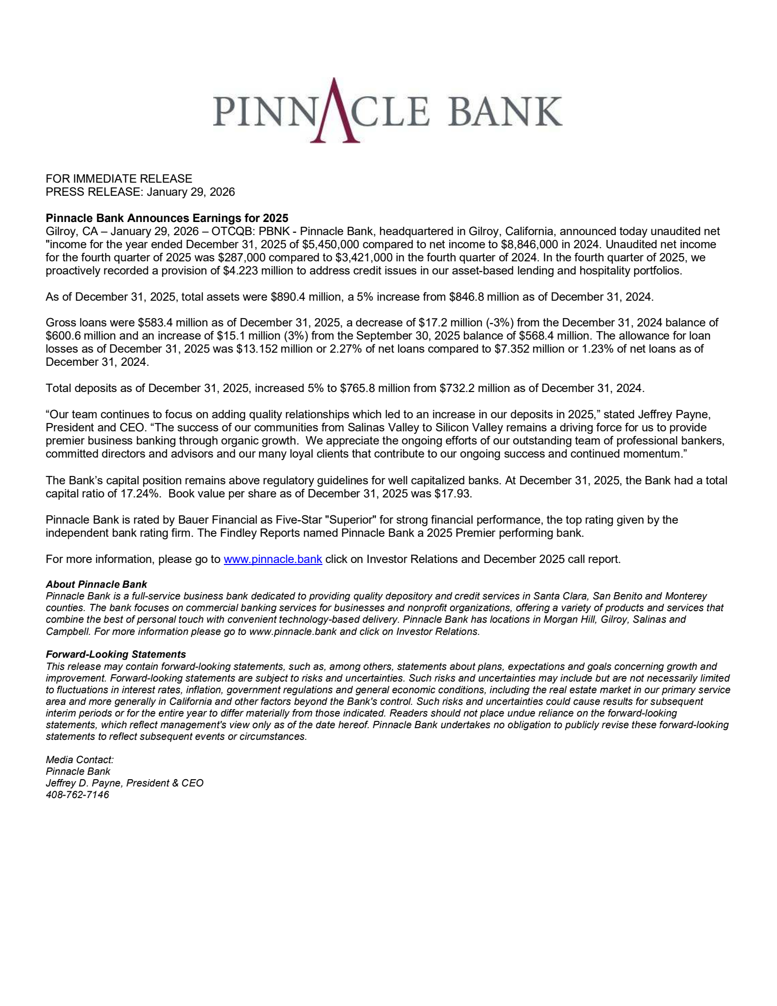 Pinnacle Bank's Q4 2025 Press Release