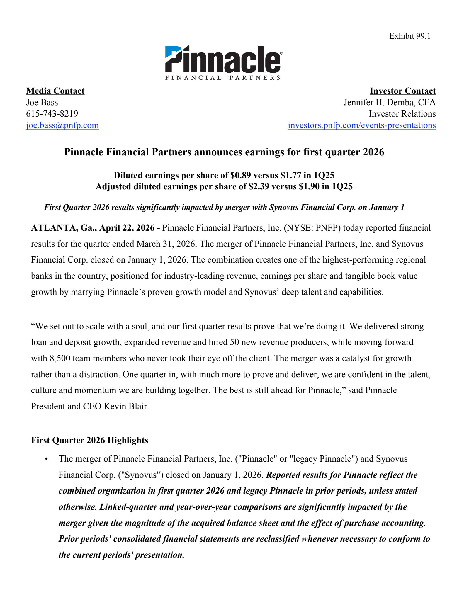 Pinnacle Financial Partners' Q1 2026 Press Release