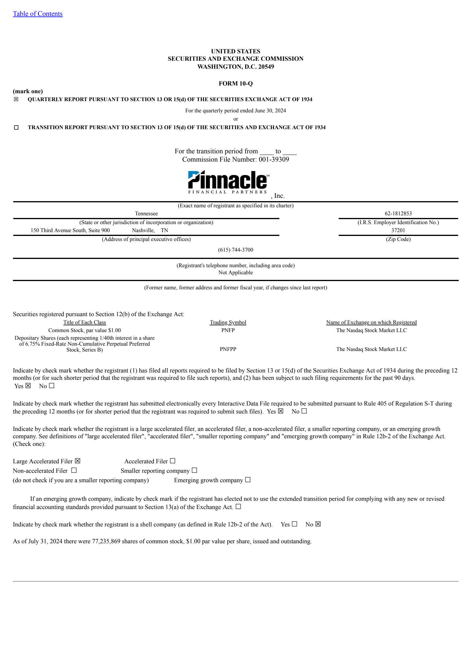 Pinnacle Financial Partners' Q2 2024 Quarterly Report