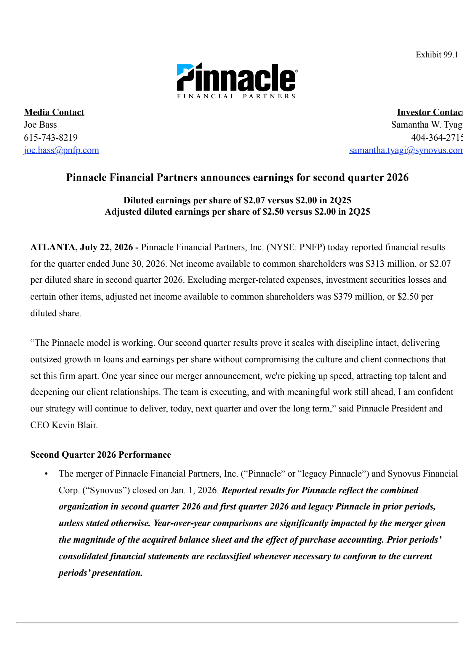 Pinnacle Financial Partners' Q2 2026 Press Release