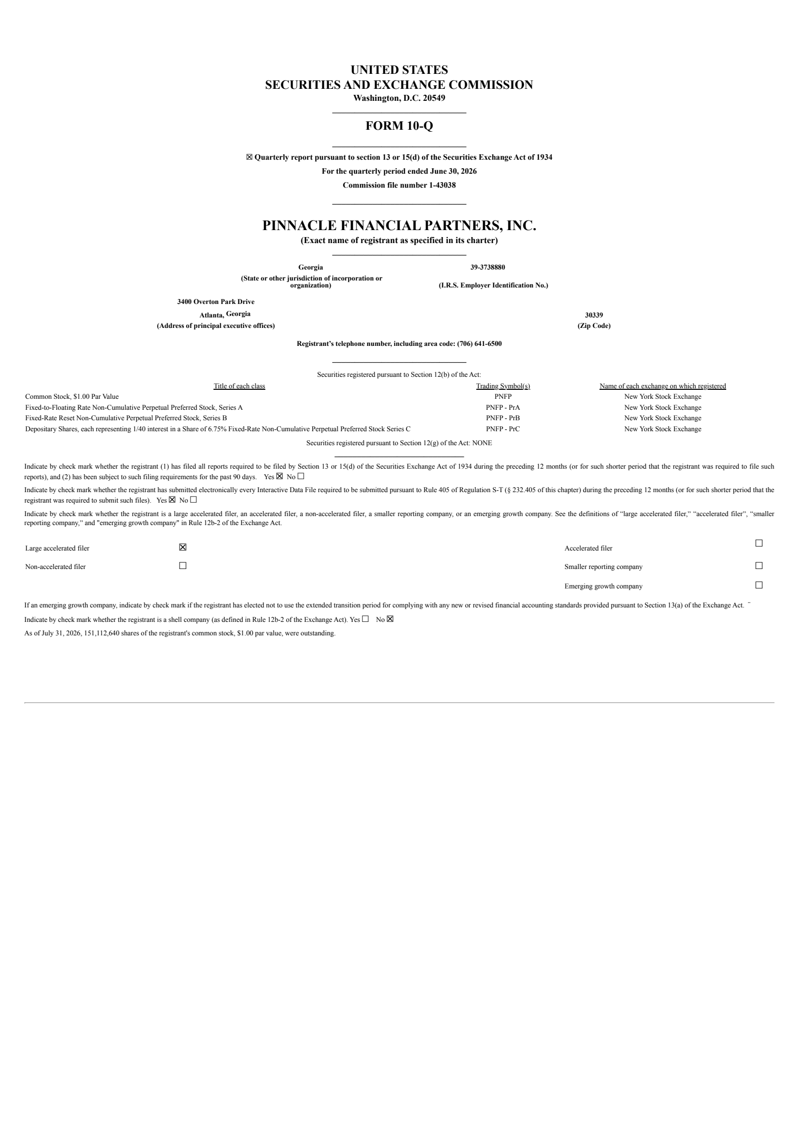 Pinnacle Financial Partners' Q2 2026 Quarterly report