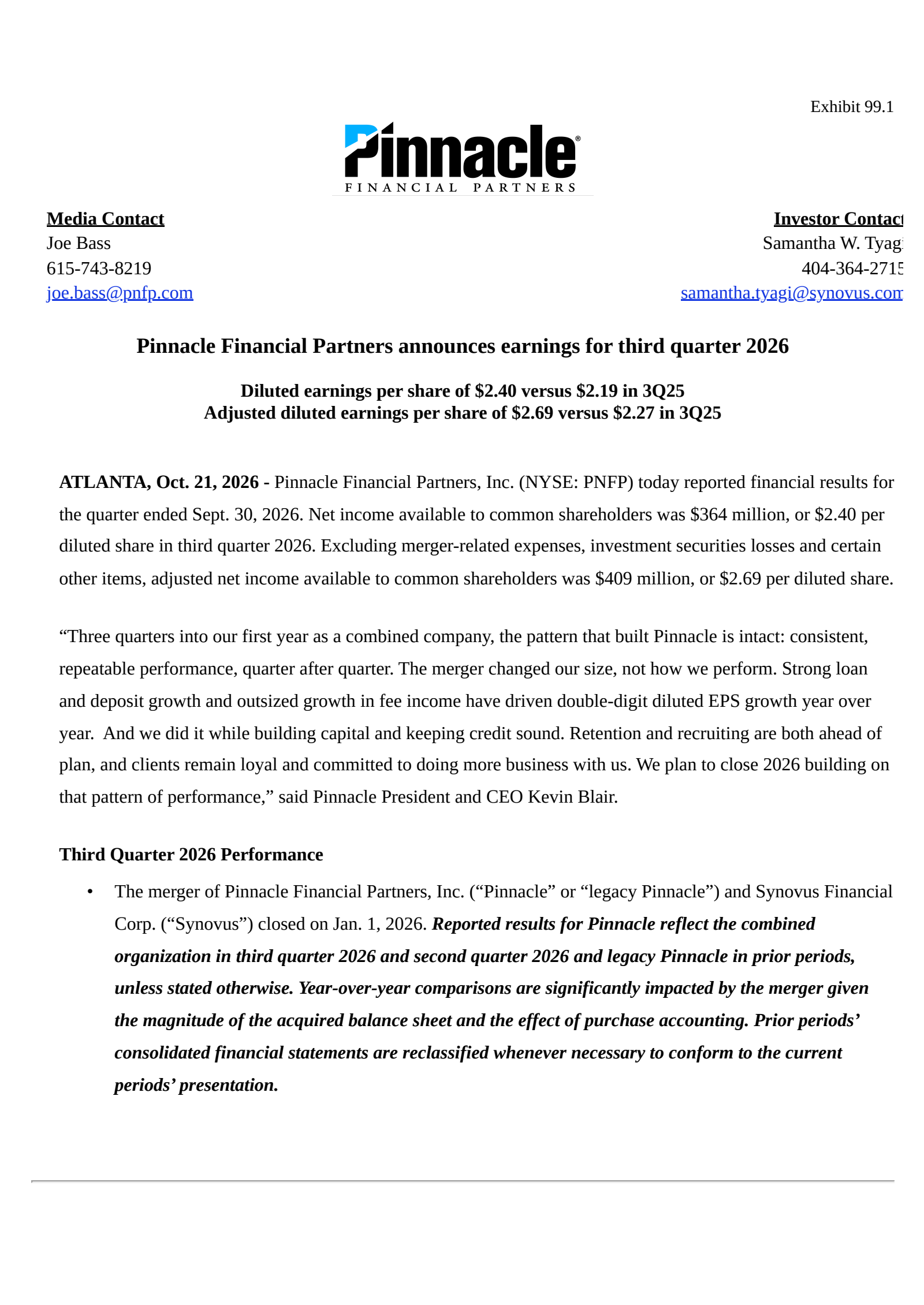 Pinnacle Financial Partners' Q3 2026 Press Release