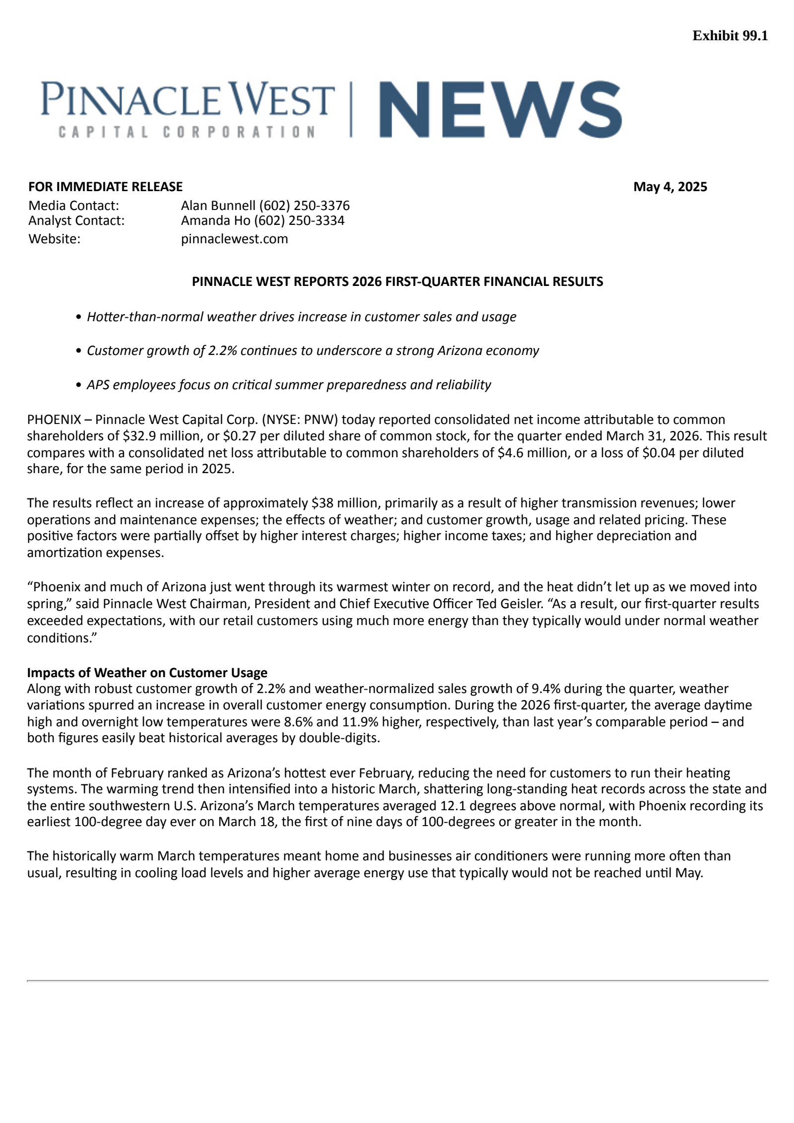 Pinnacle West Capital's Q1 2026 Press Release