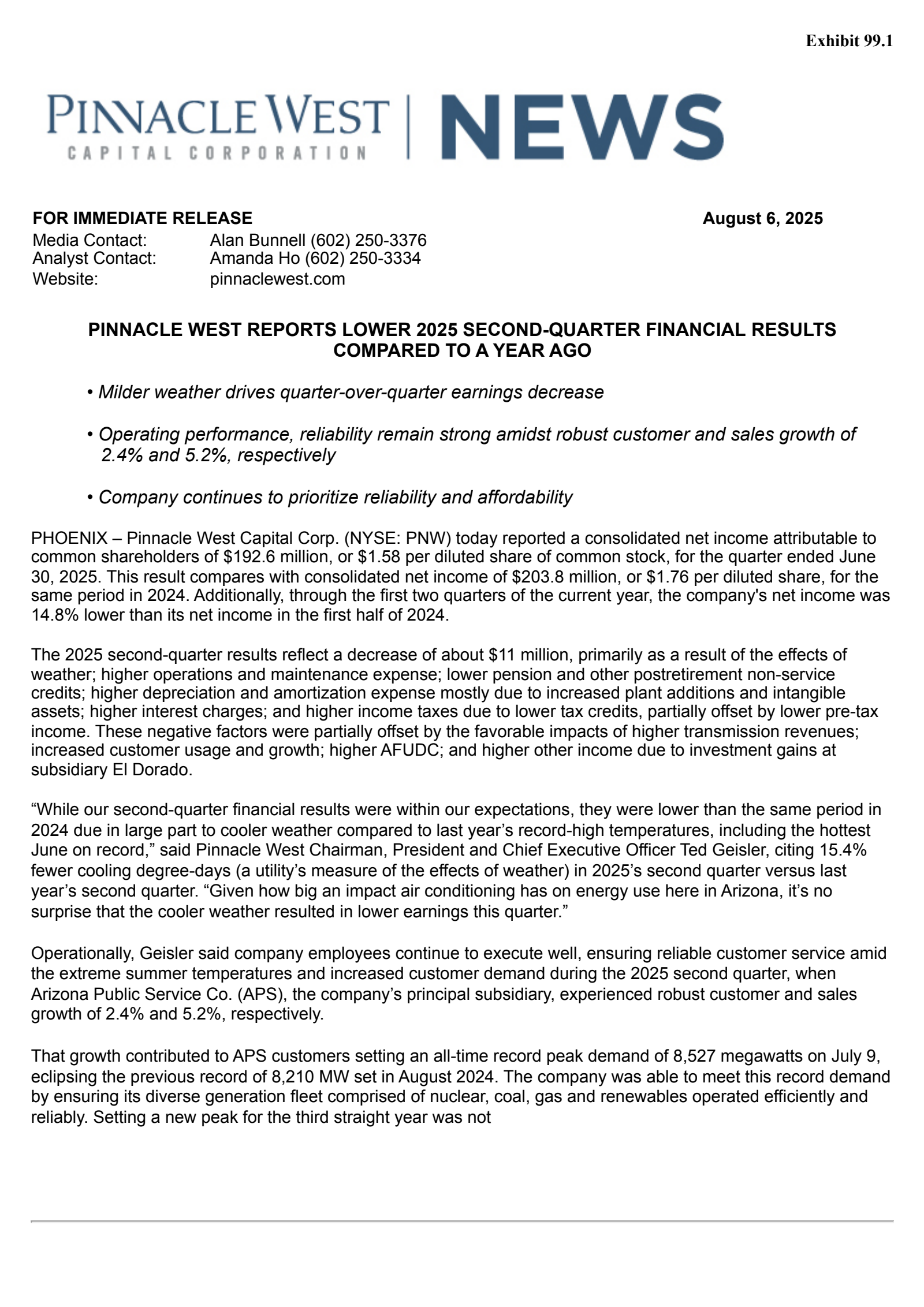 Pinnacle West Capital's Q2 2025 Press Release