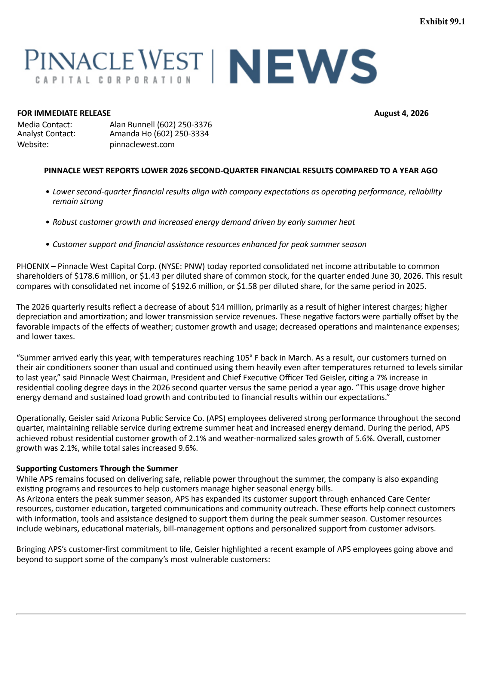 Pinnacle West Capital's Q2 2026 Press Release