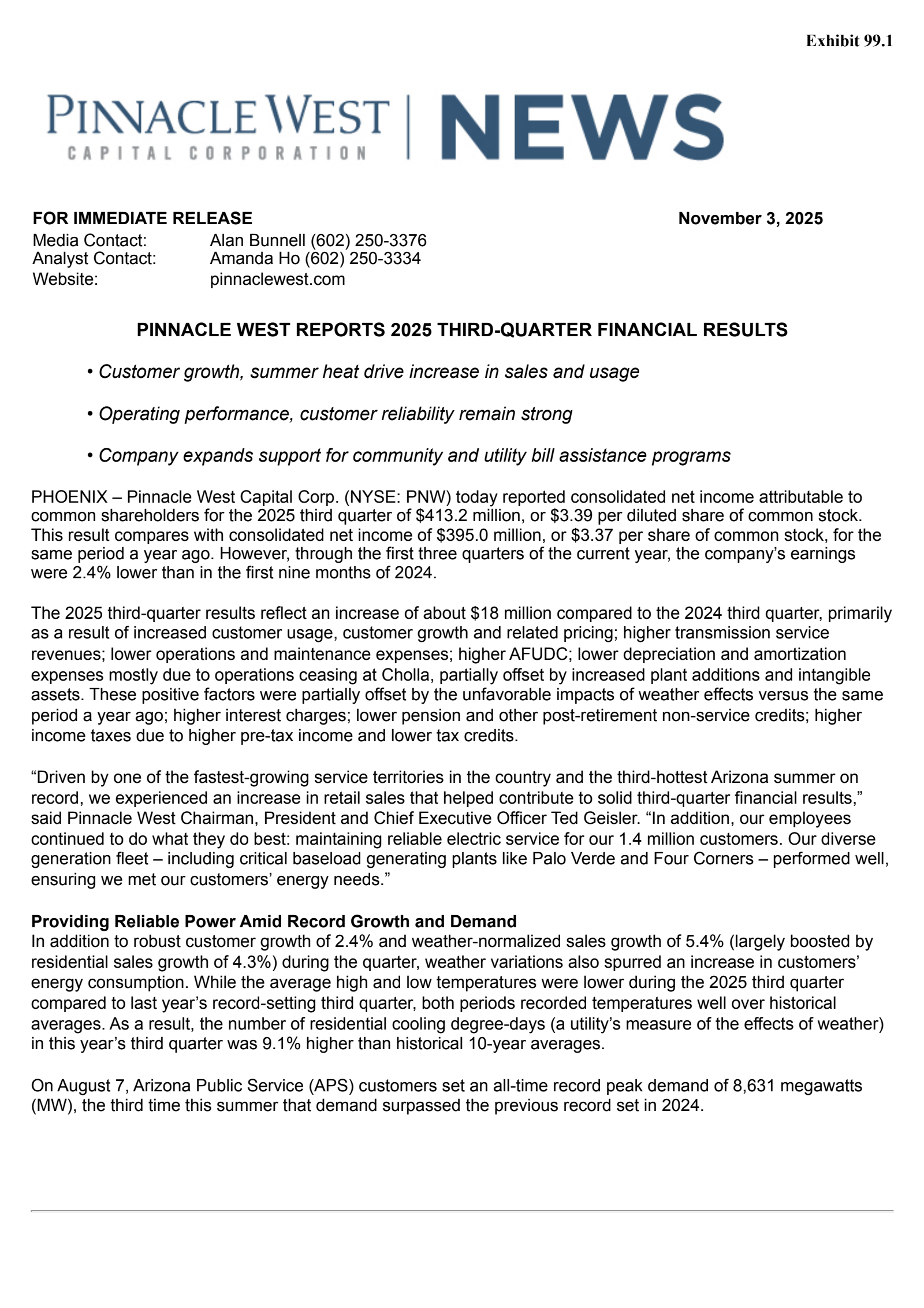 Pinnacle West Capital's Q3 2025 Earnings Release