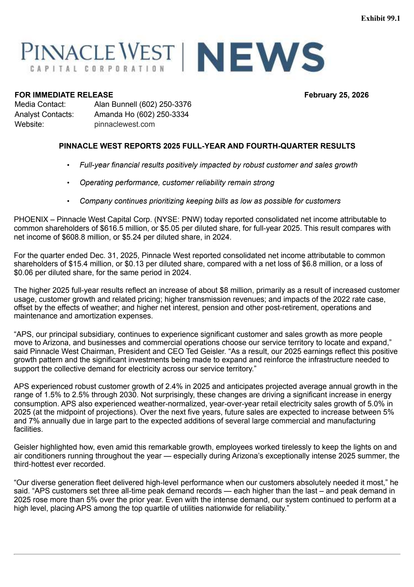 Pinnacle West Capital's Q4 2025 Press Release