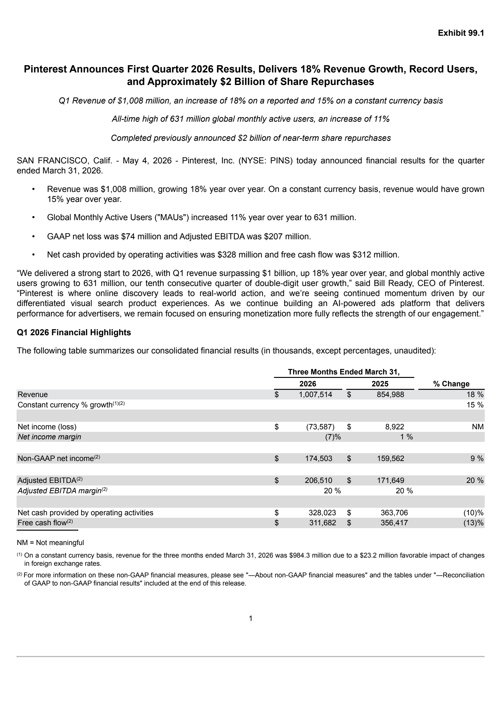 Pinterest's Q1 2026 Press Release