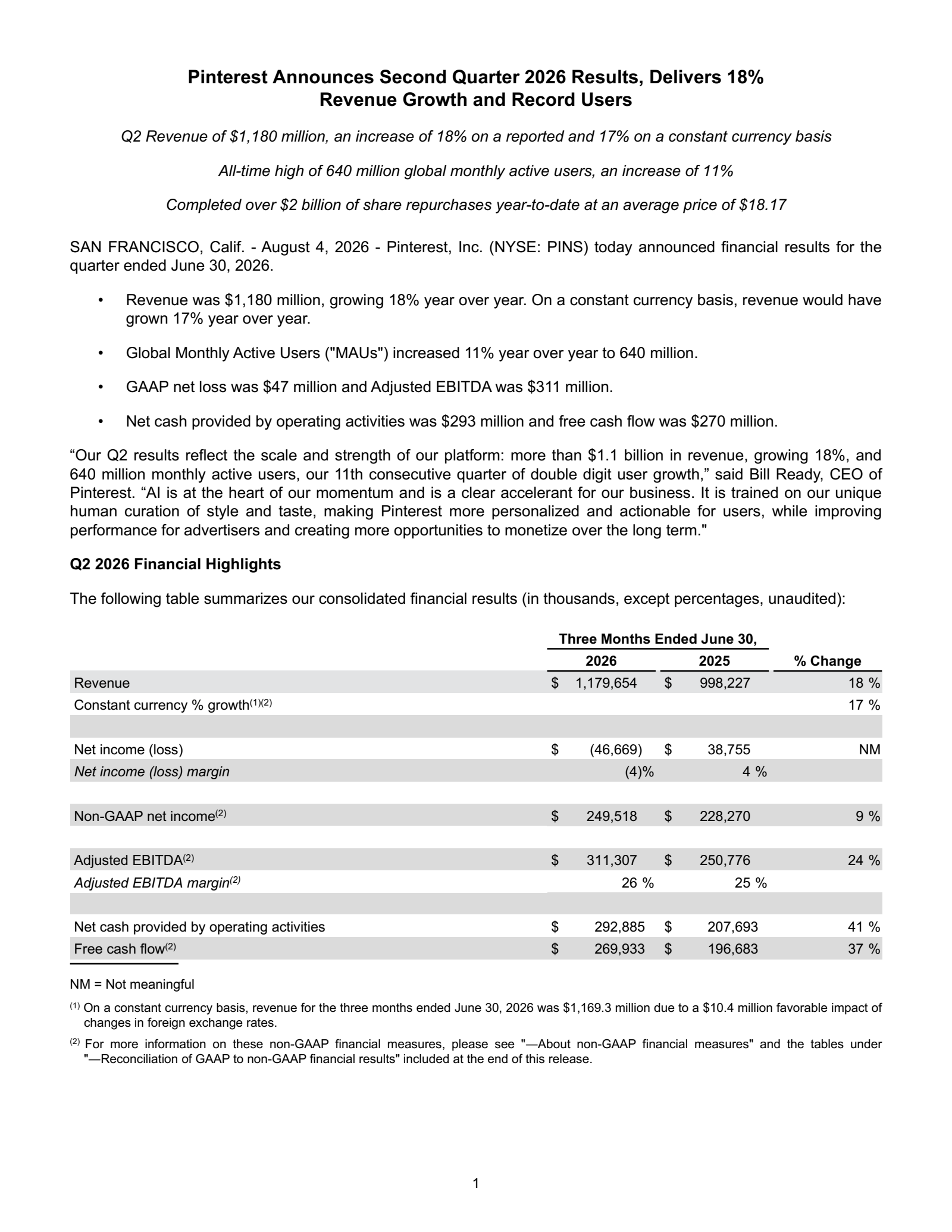 Pinterest's Q2 2026 Press Release