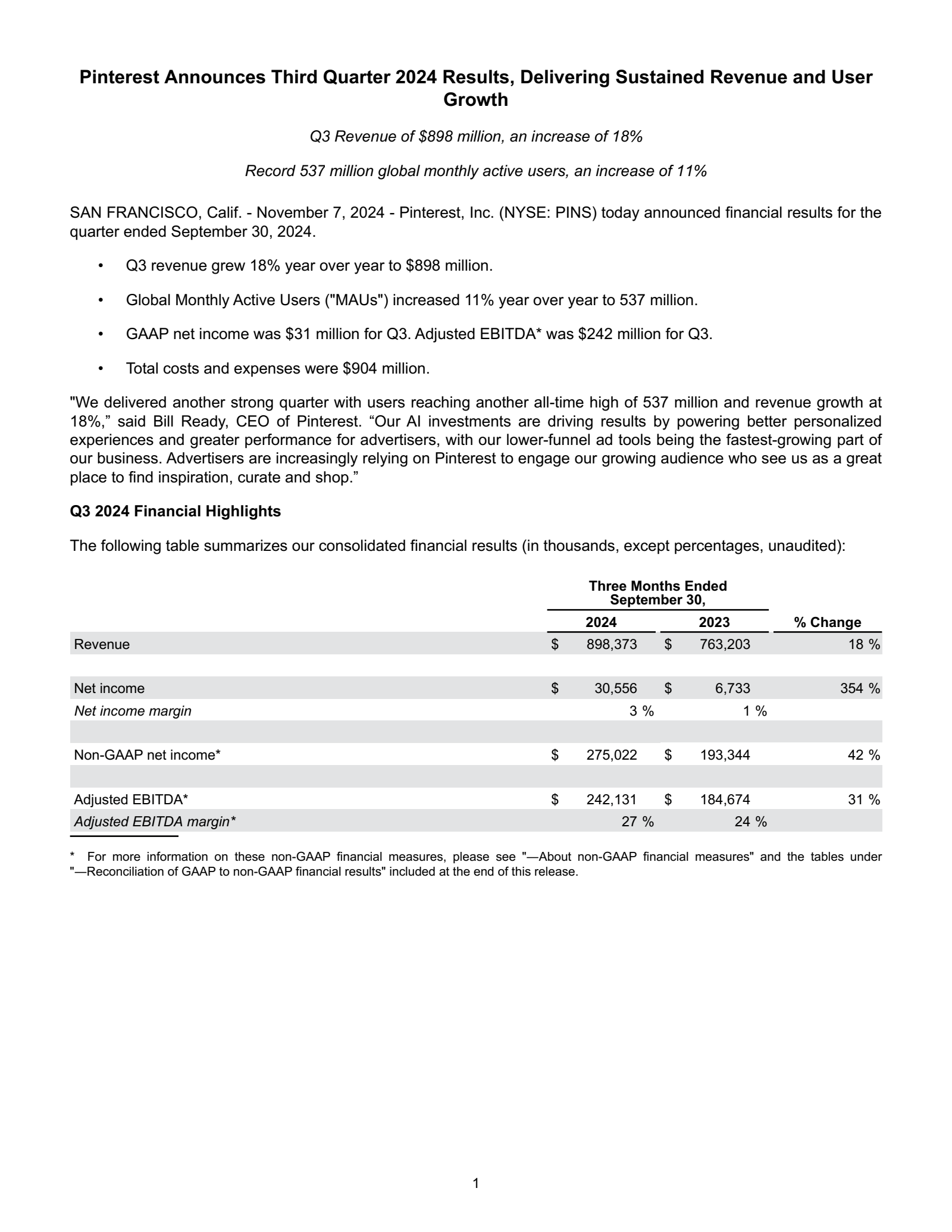 Pinterest's Q3 2024 Press Release