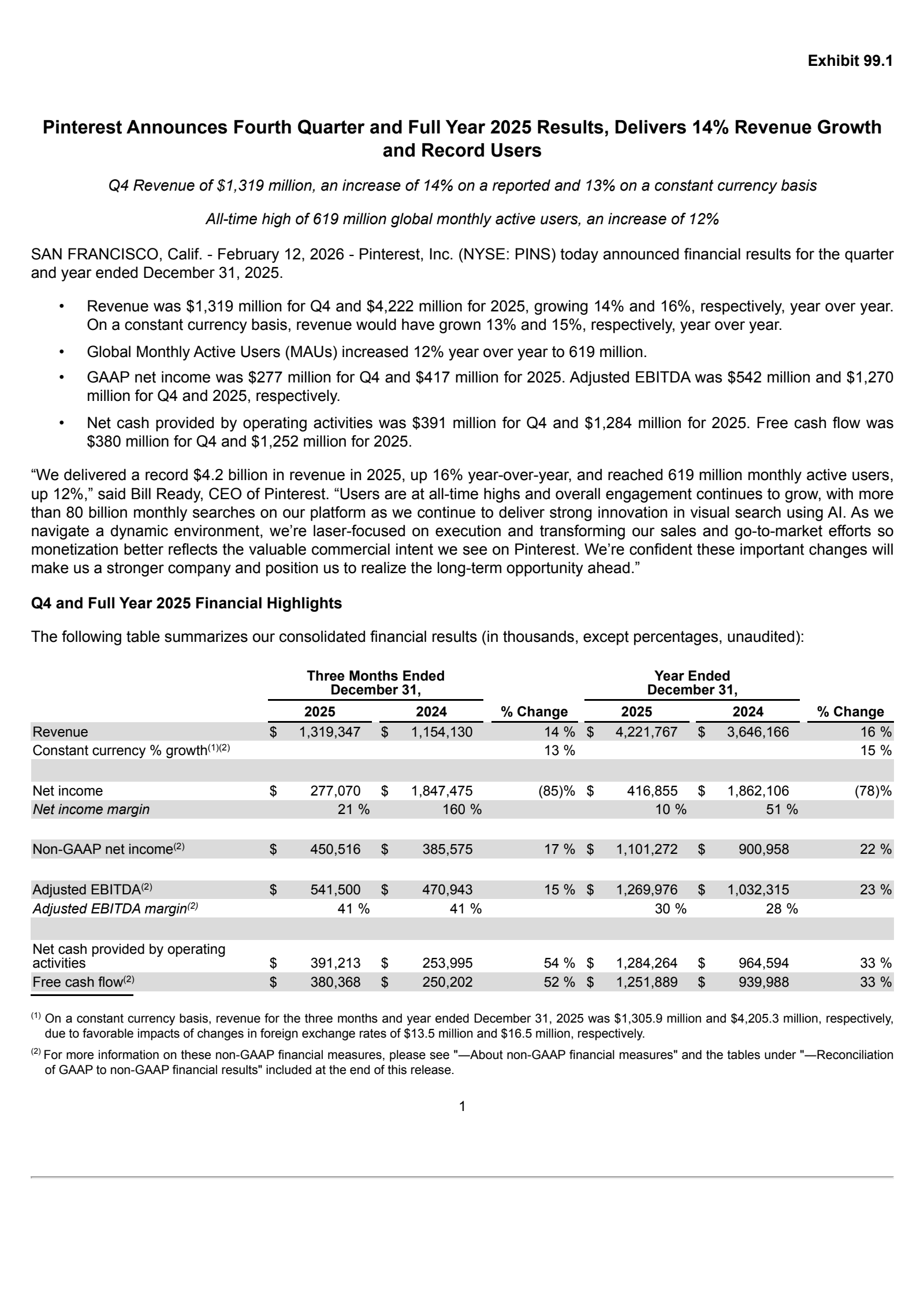 Pinterest's Q4 2025 Press Release