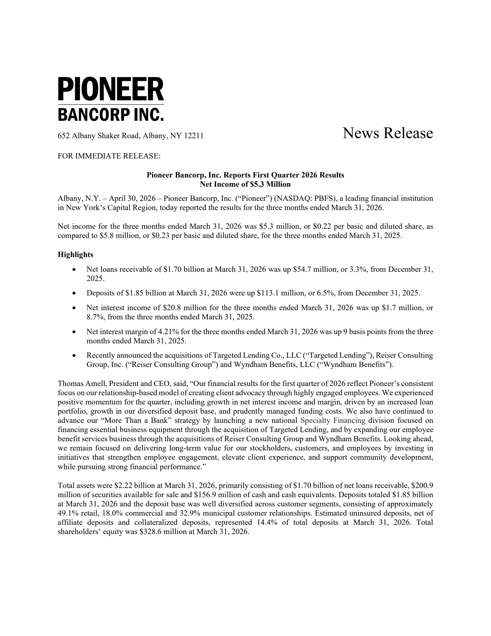 Pioneer Bancorp's Q1 2026 Press Release