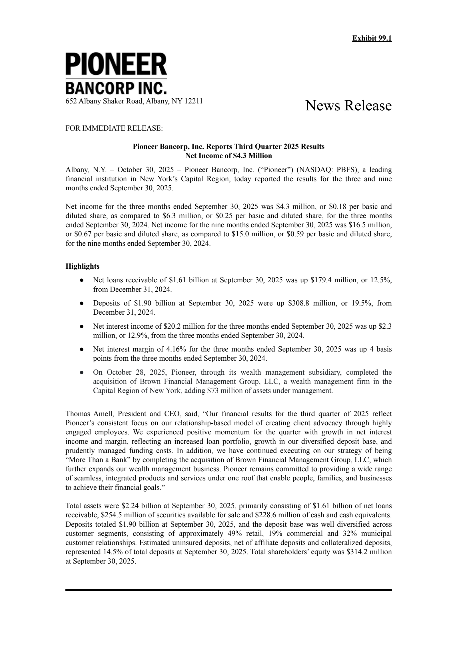 Pioneer Bancorp's Q1 2026 Earnings Release