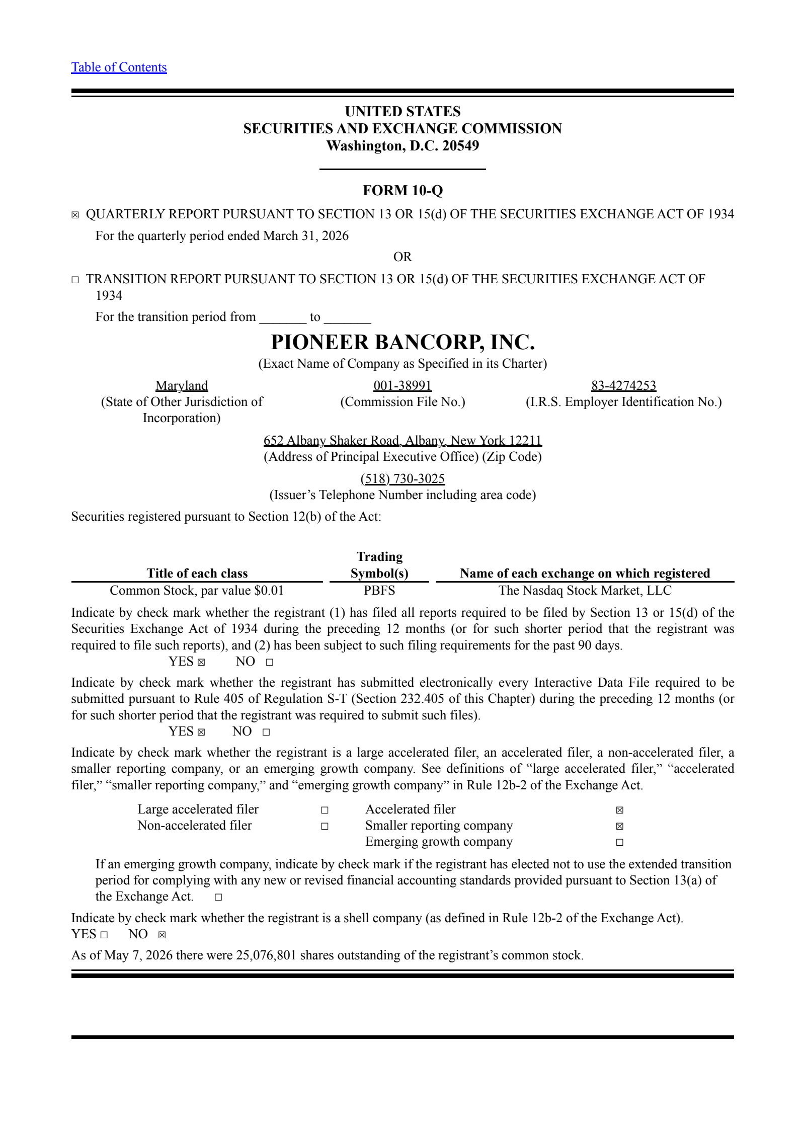 Pioneer Bancorp's Q1 2026 Quarterly report