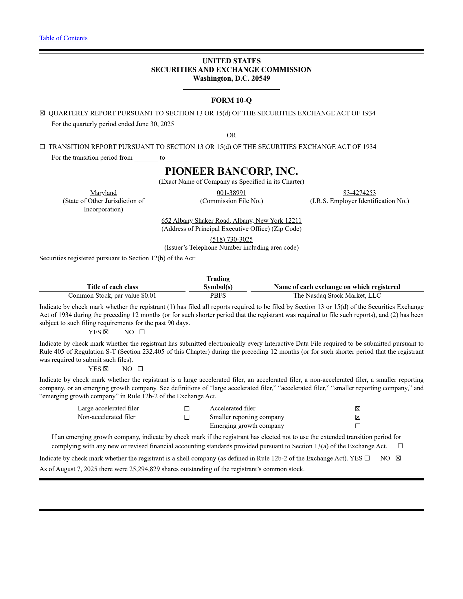 Pioneer Bancorp's Q2 2025 Quarterly Report