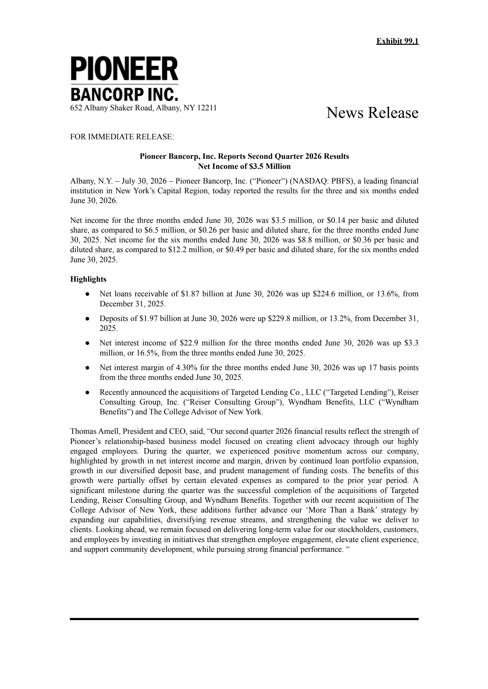 Pioneer Bancorp's Q2 2026 Press Release