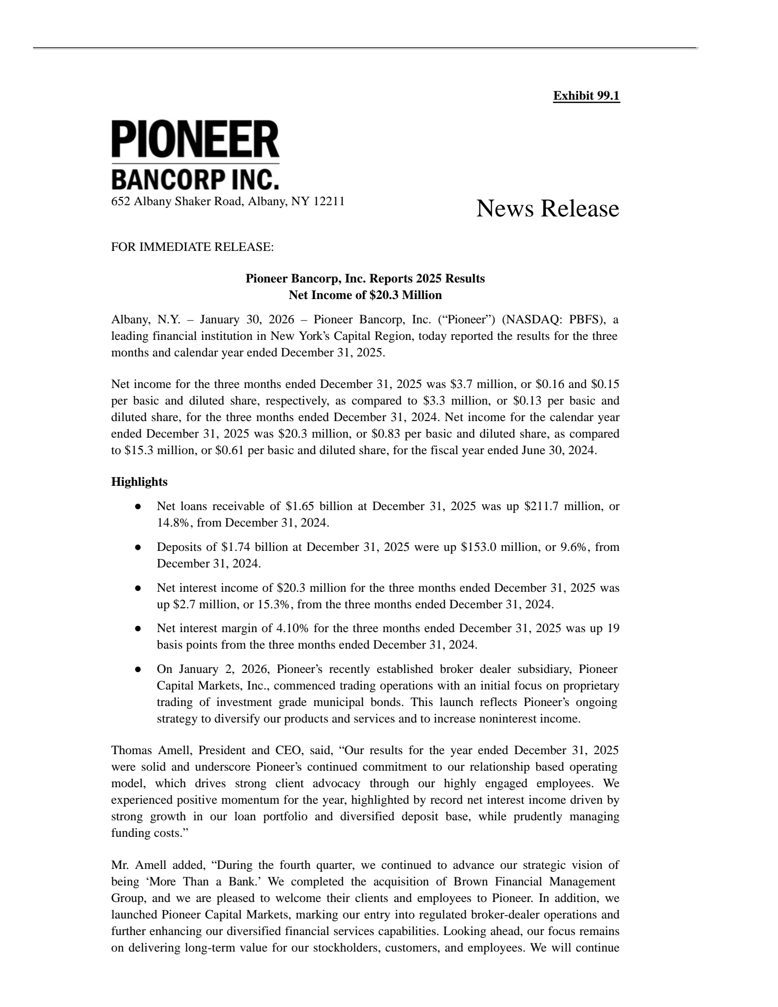 Pioneer Bancorp's Q2 2026 Press Release