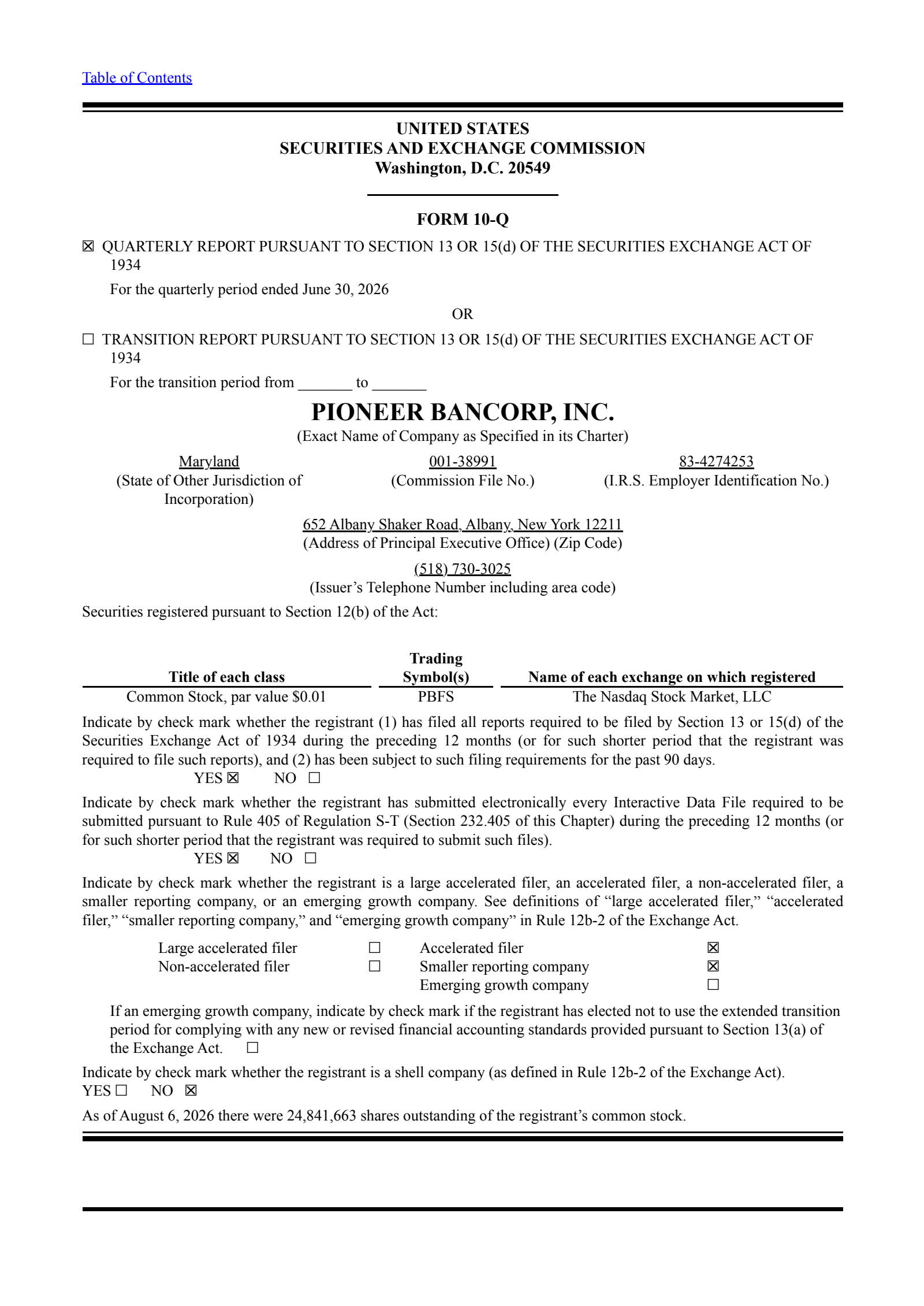 Pioneer Bancorp's Q2 2026 Quarterly report