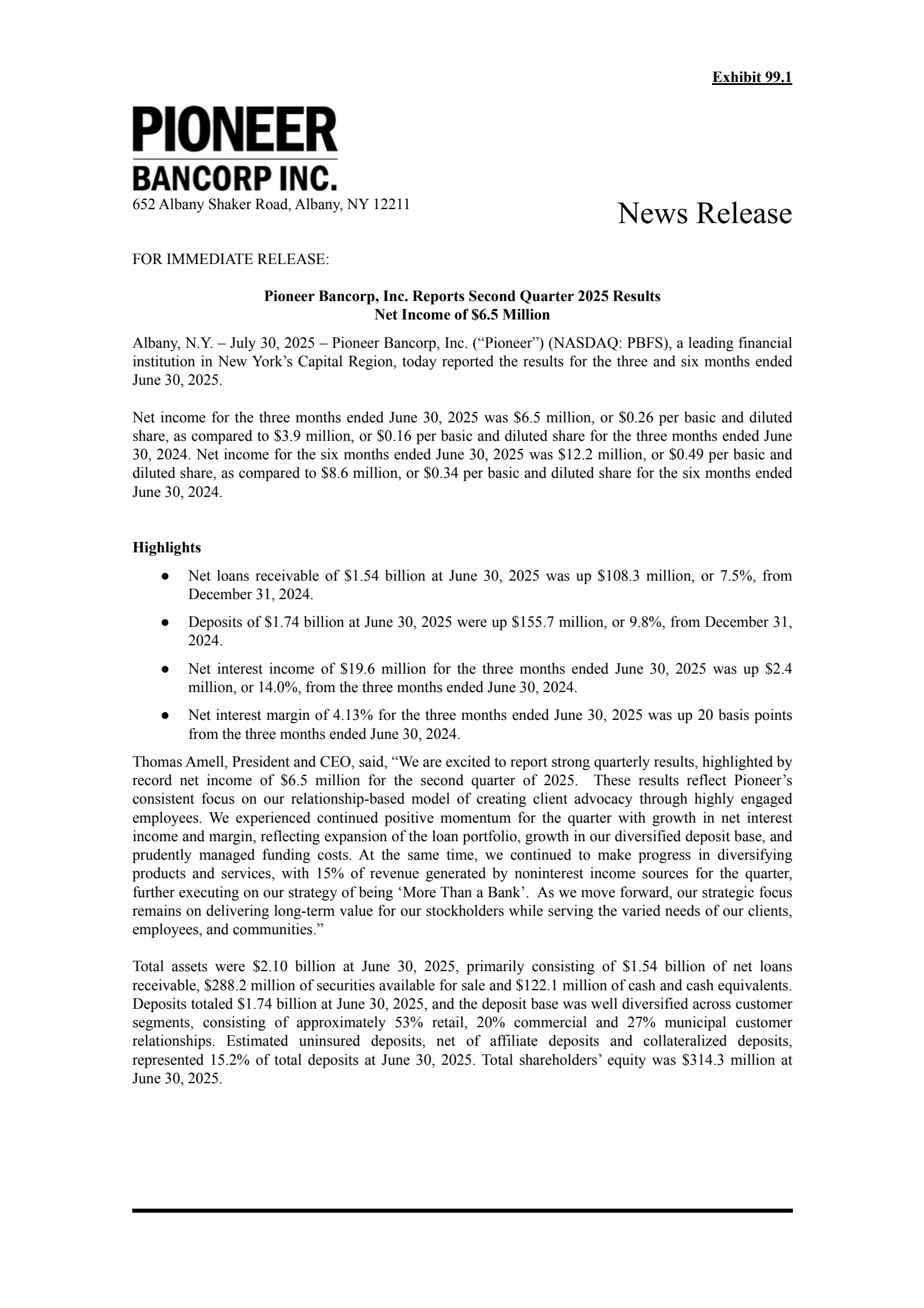 Pioneer Bancorp's Q4 2025 Press Release