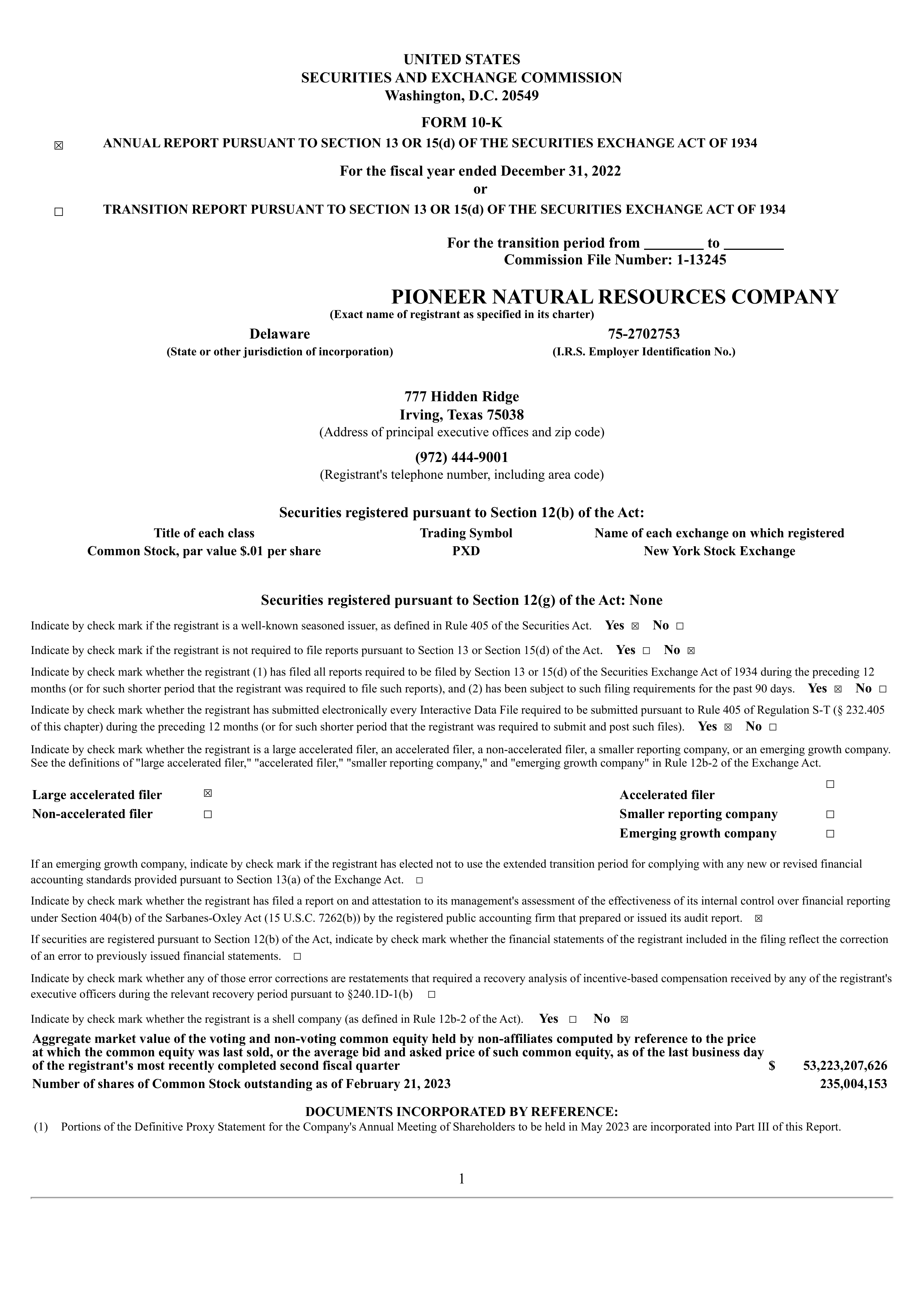 Pioneer Natural Resources' Q4 2022 Annual report