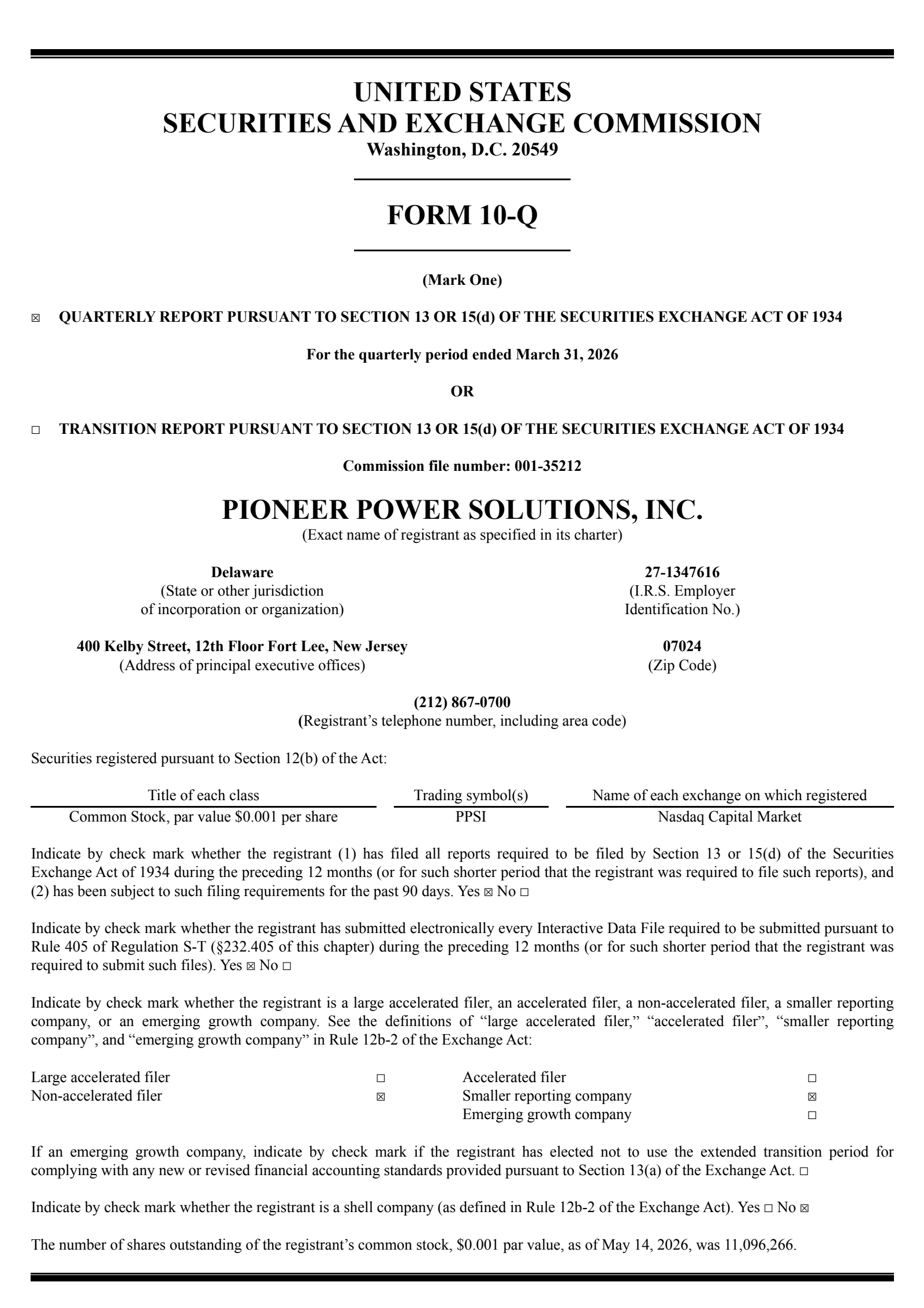 Pioneer Power Solutions' Q1 2026 Quarterly report