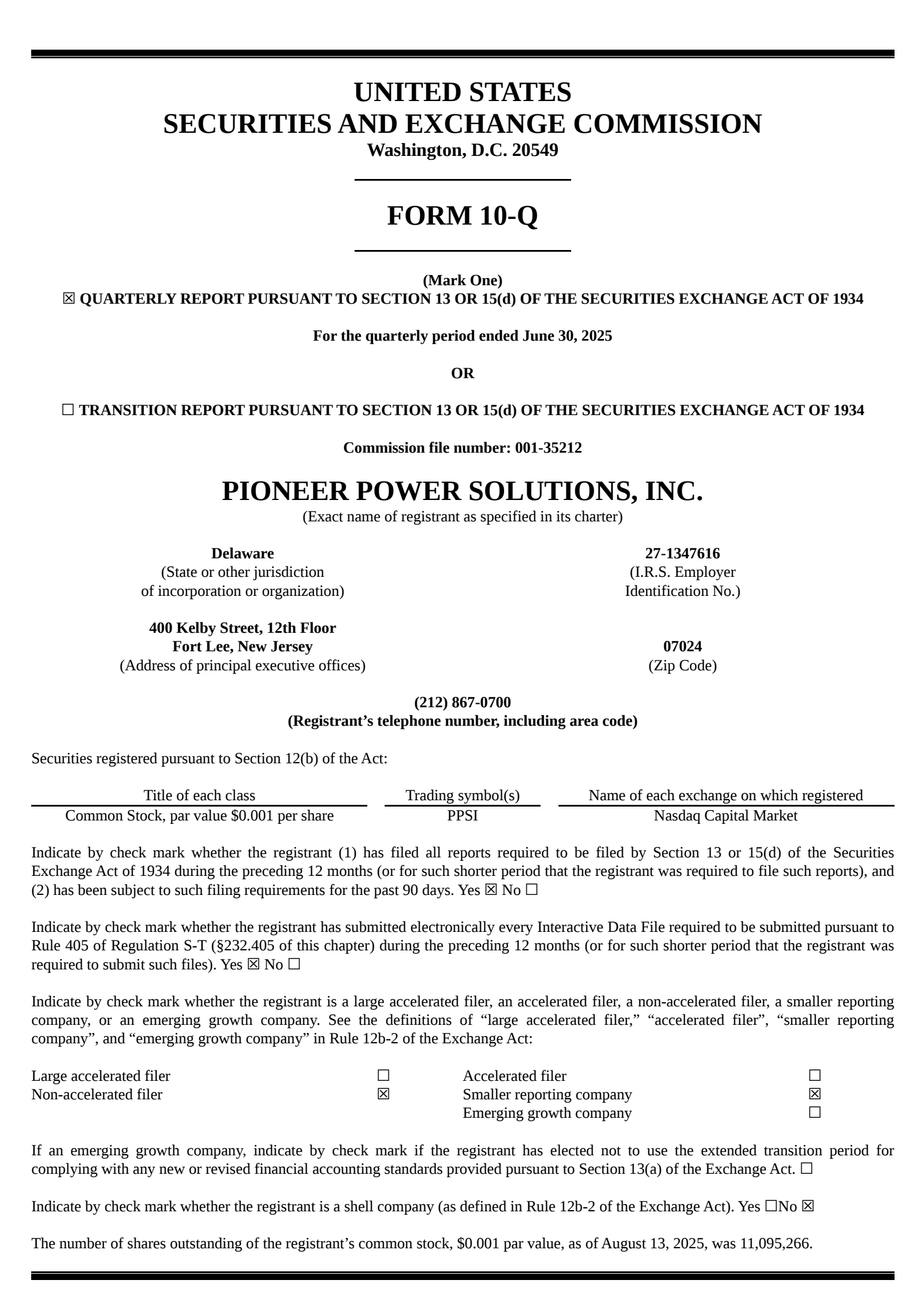 Pioneer Power Solutions' Q2 2025 Quarterly report