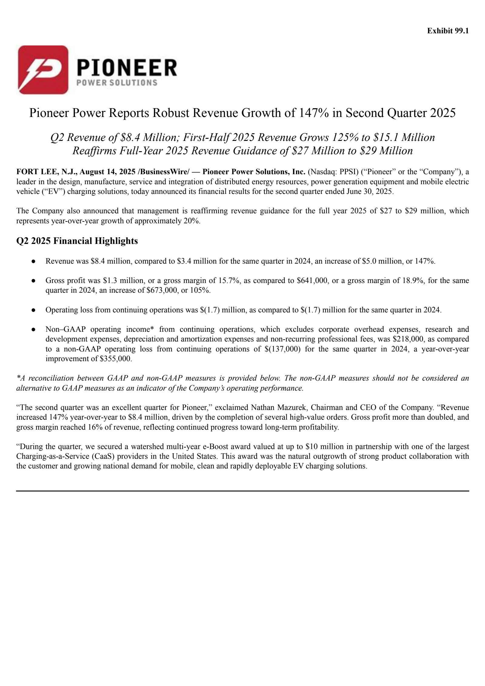 Pioneer Power Solutions' Q2 2025 Press Release