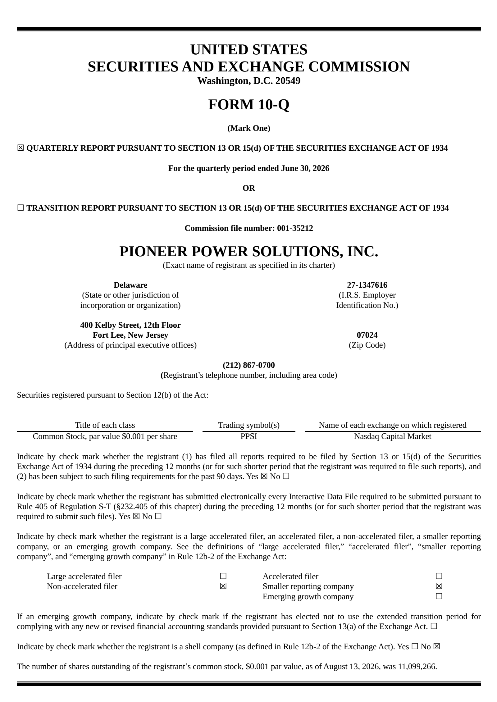 Pioneer Power Solutions' Q2 2026 Quarterly report