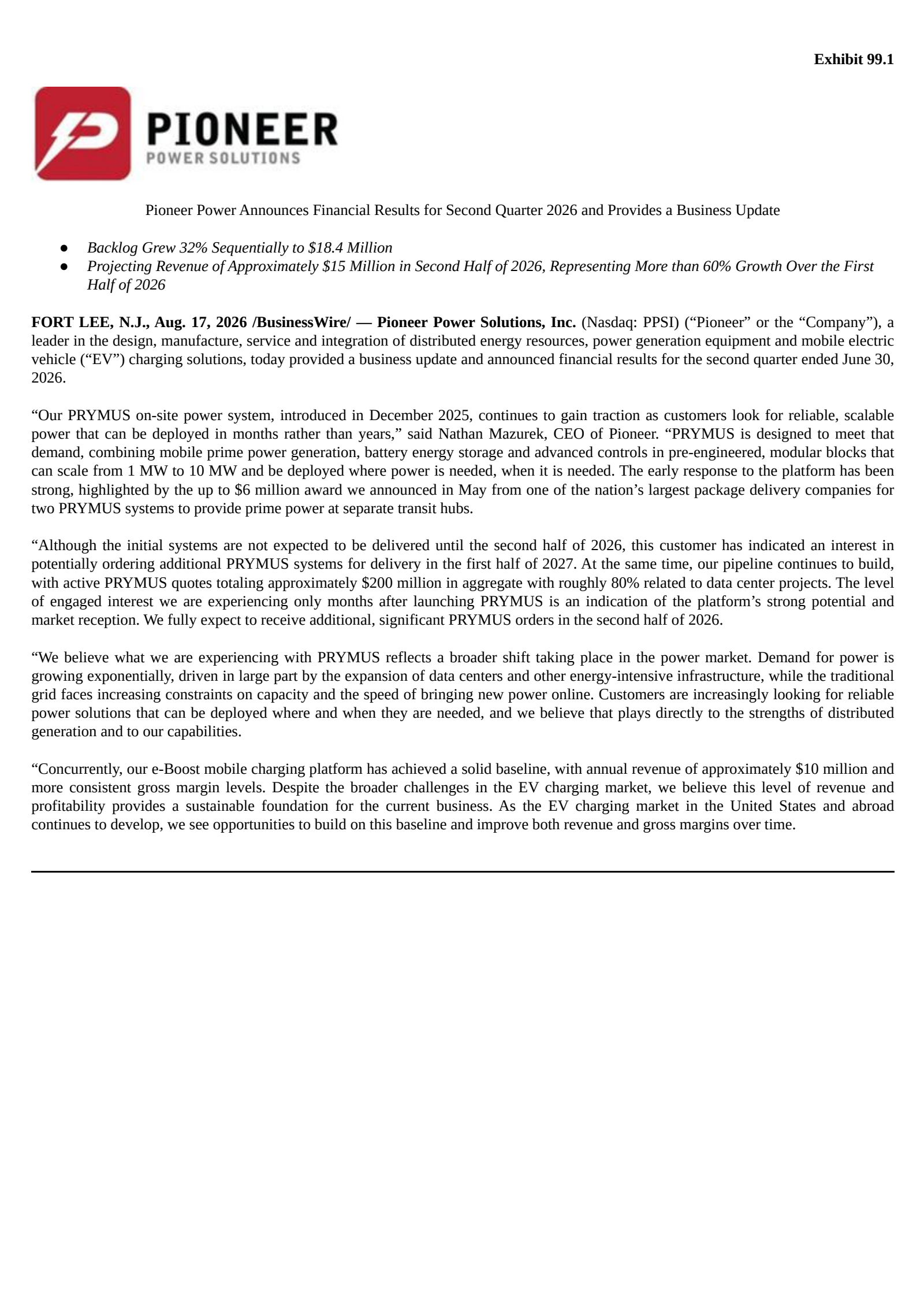 Pioneer Power Solutions' Q2 2026 Press Release