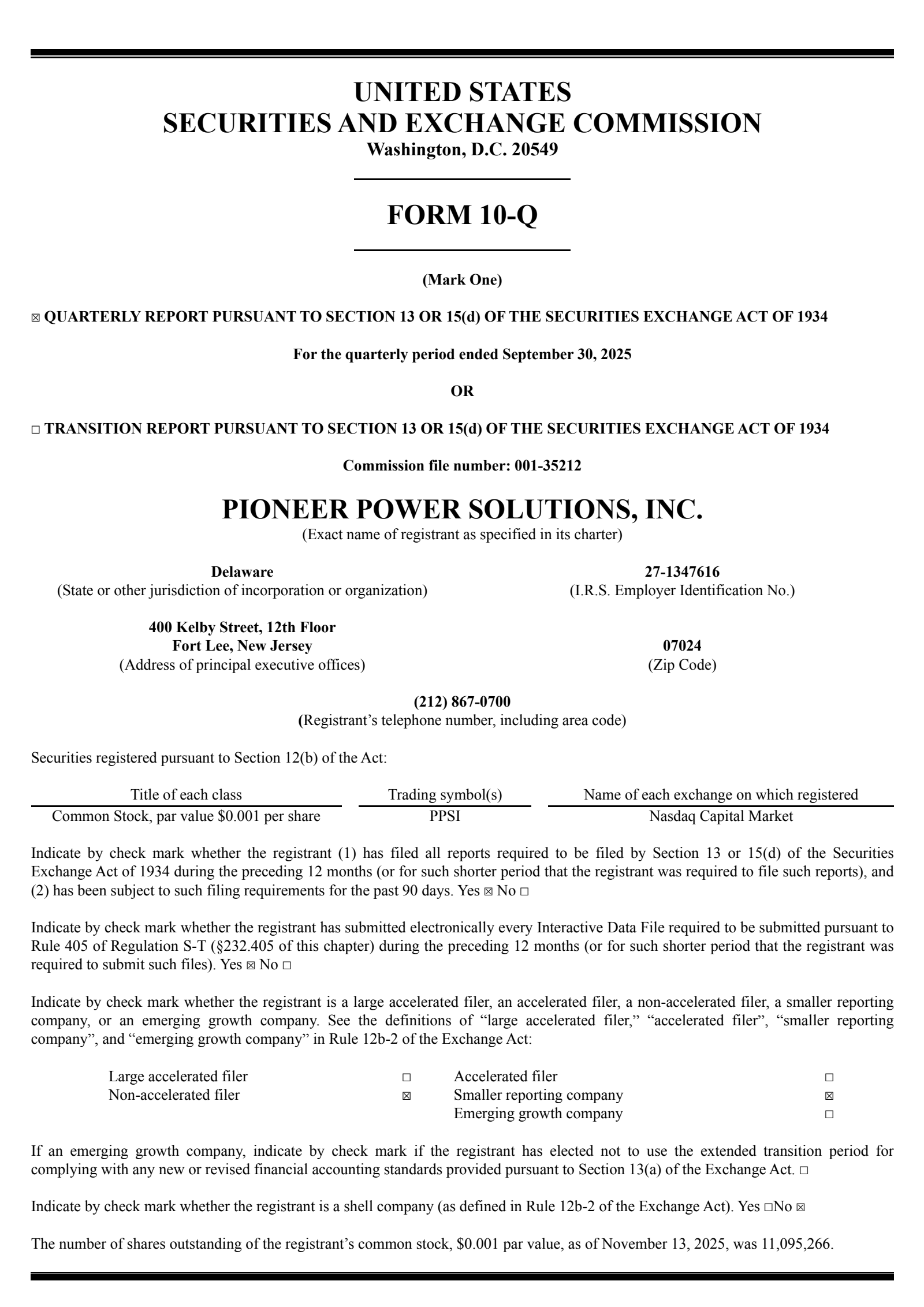Pioneer Power Solutions' Q3 2025 Quarterly Report