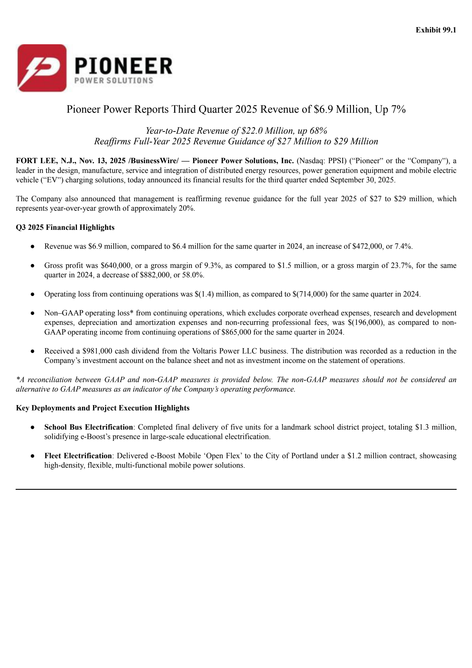 Pioneer Power Solutions' Q3 2025 Earnings Release