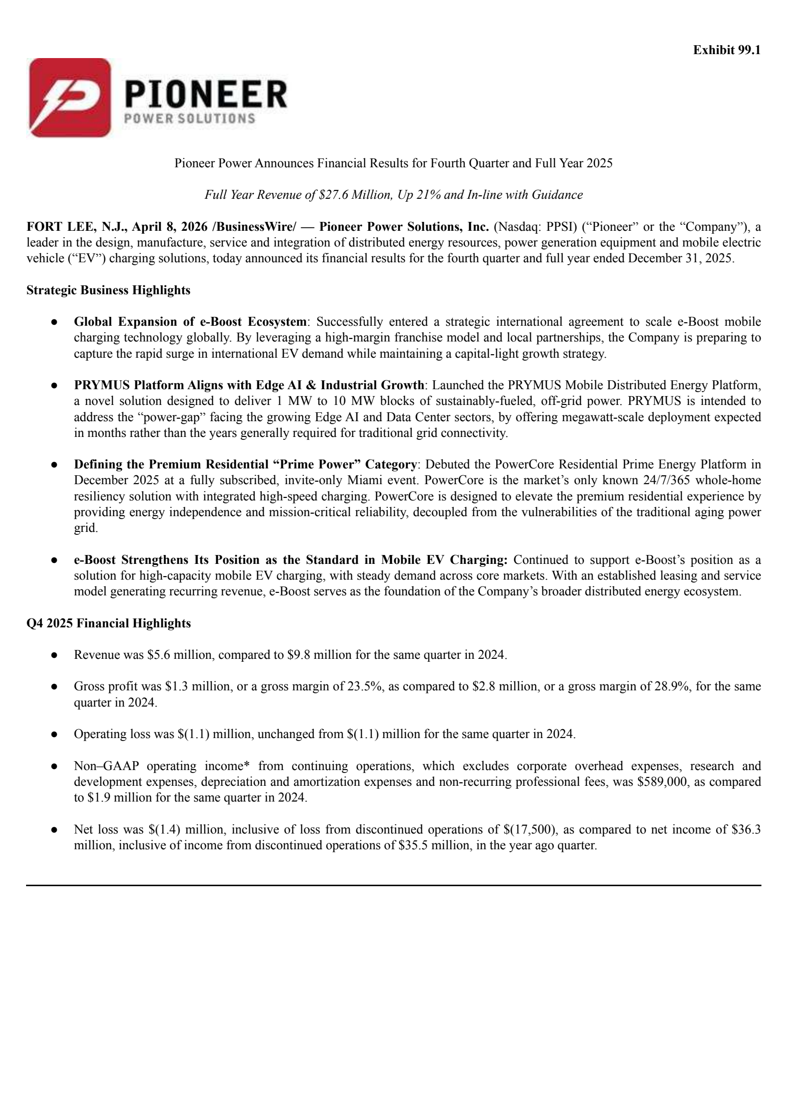 Pioneer Power Solutions' Q4 2025 Press Release