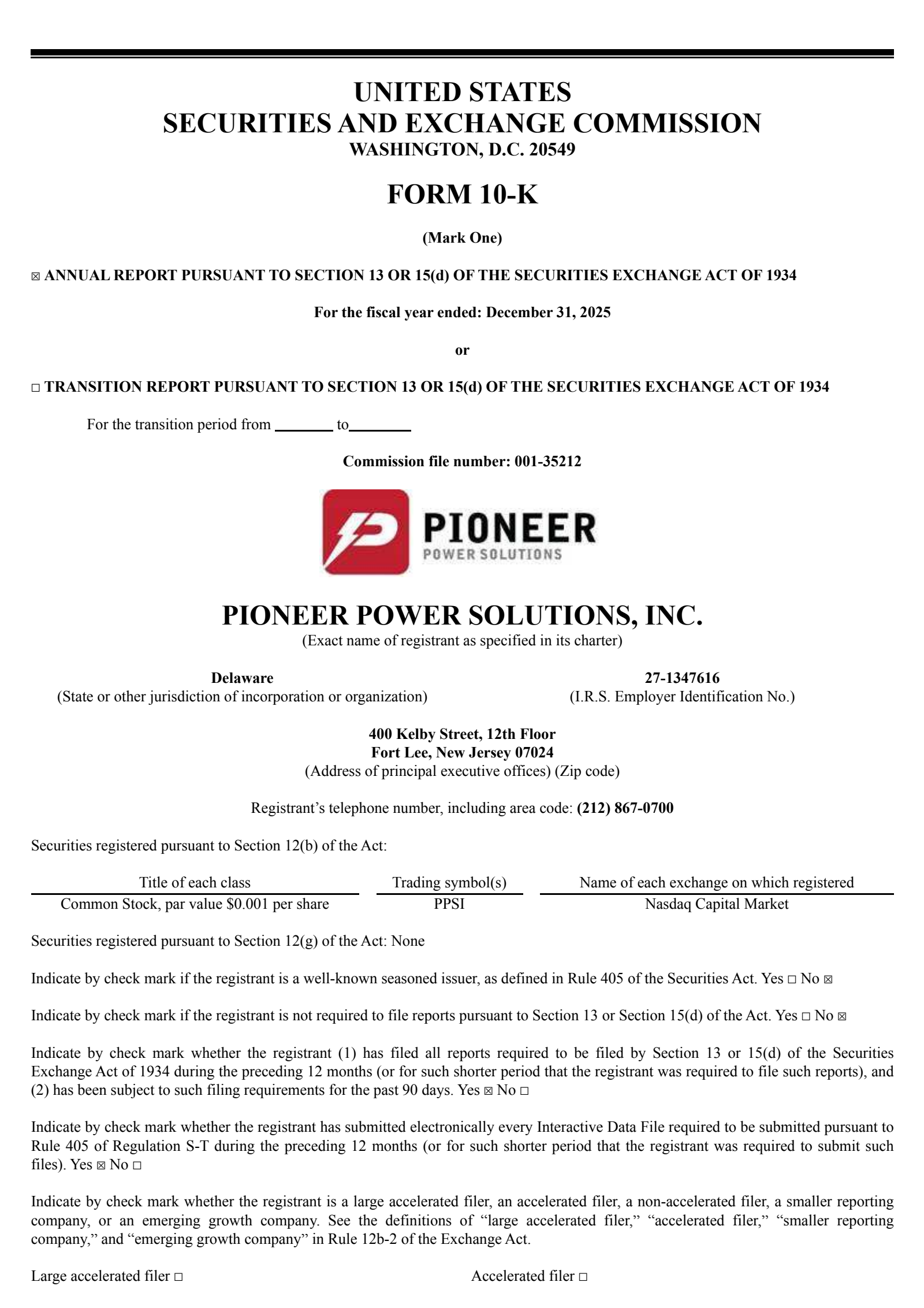 Pioneer Power Solutions' Q4 2025 Annual report