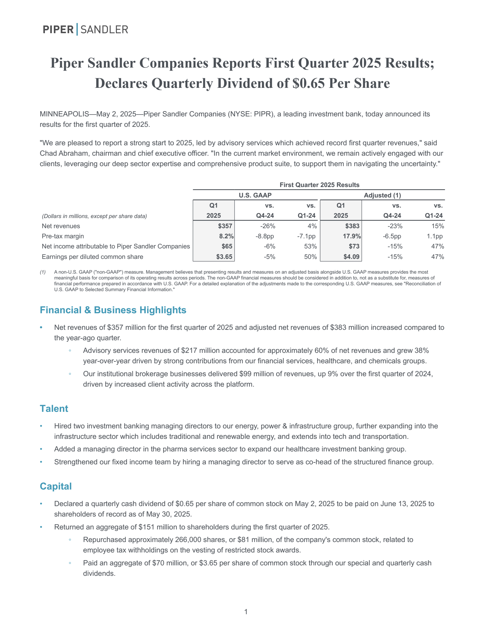 Piper Sandler Companies' Q1 2025 Press Release