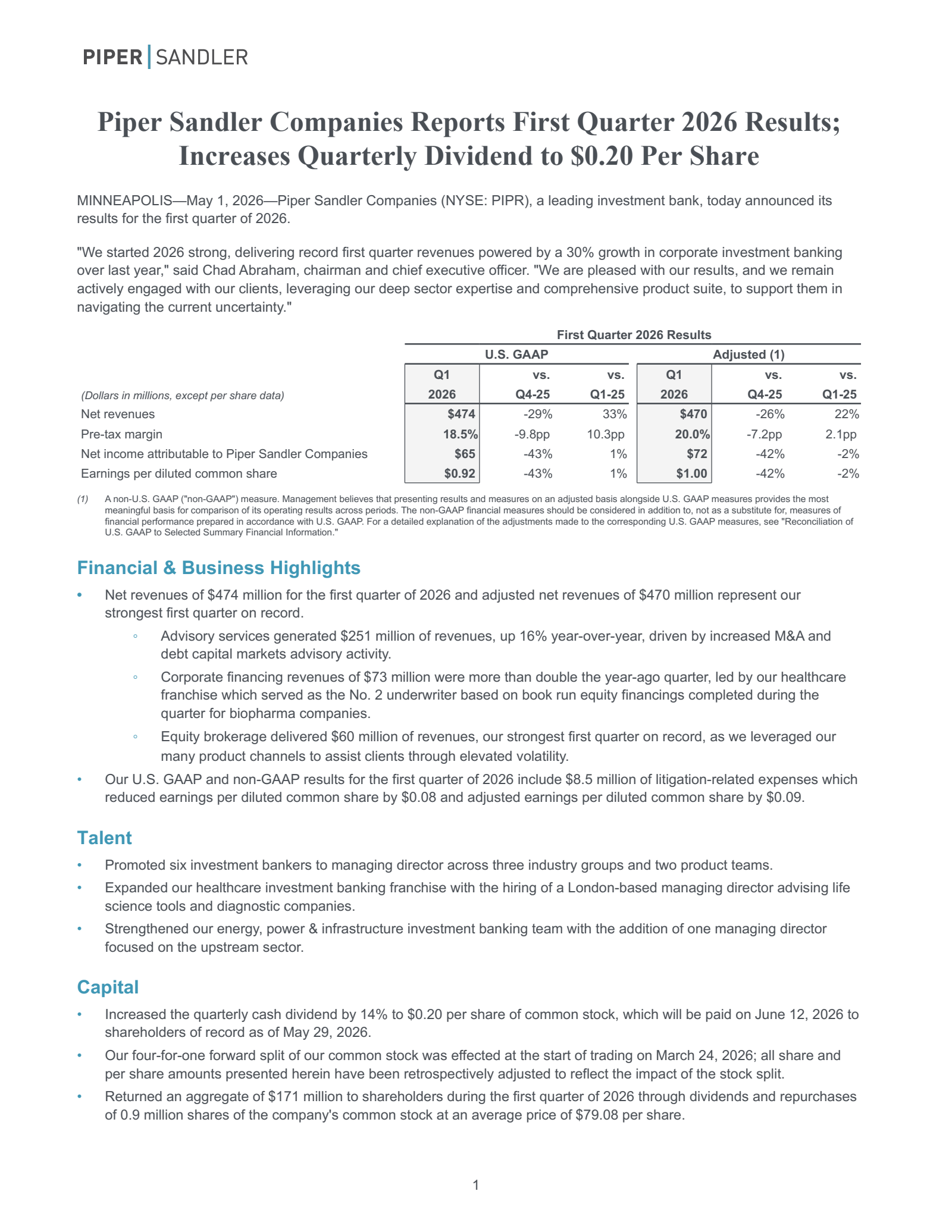 Piper Sandler Companies' Q1 2026 Press Release