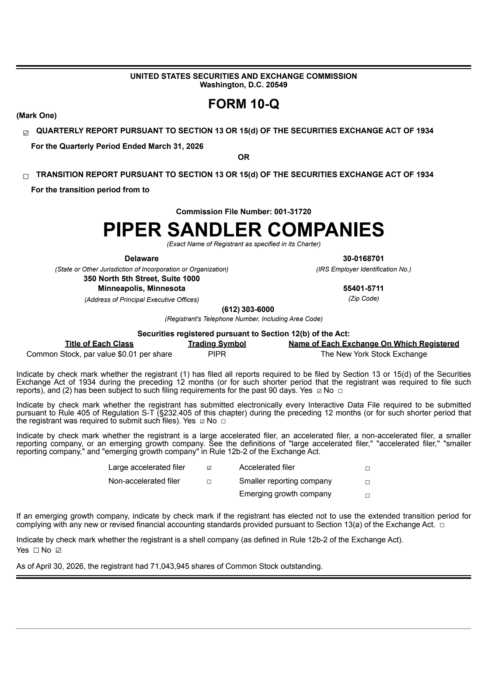 Piper Sandler Companies' Q1 2026 Quarterly report