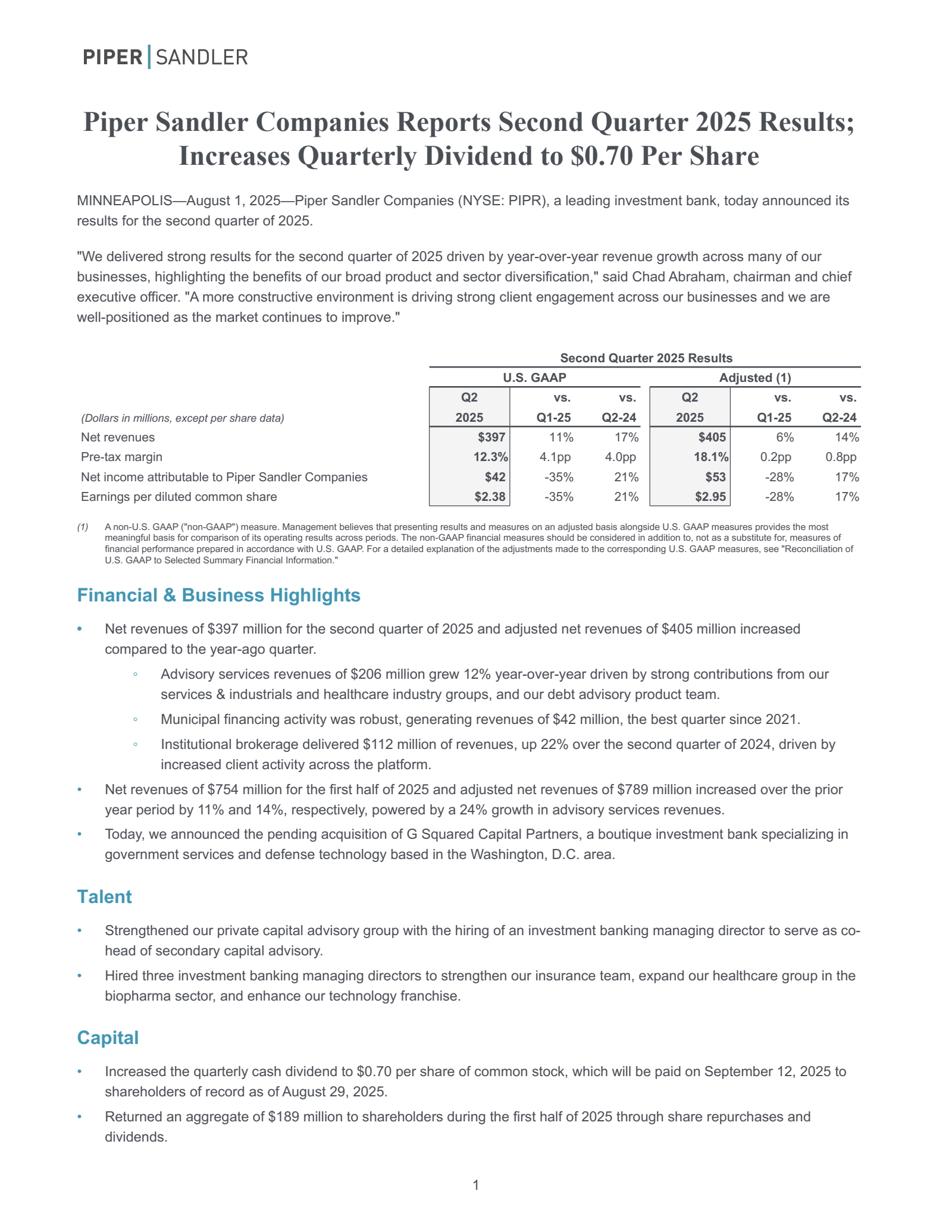 Piper Sandler Companies' Q2 2025 Press Release