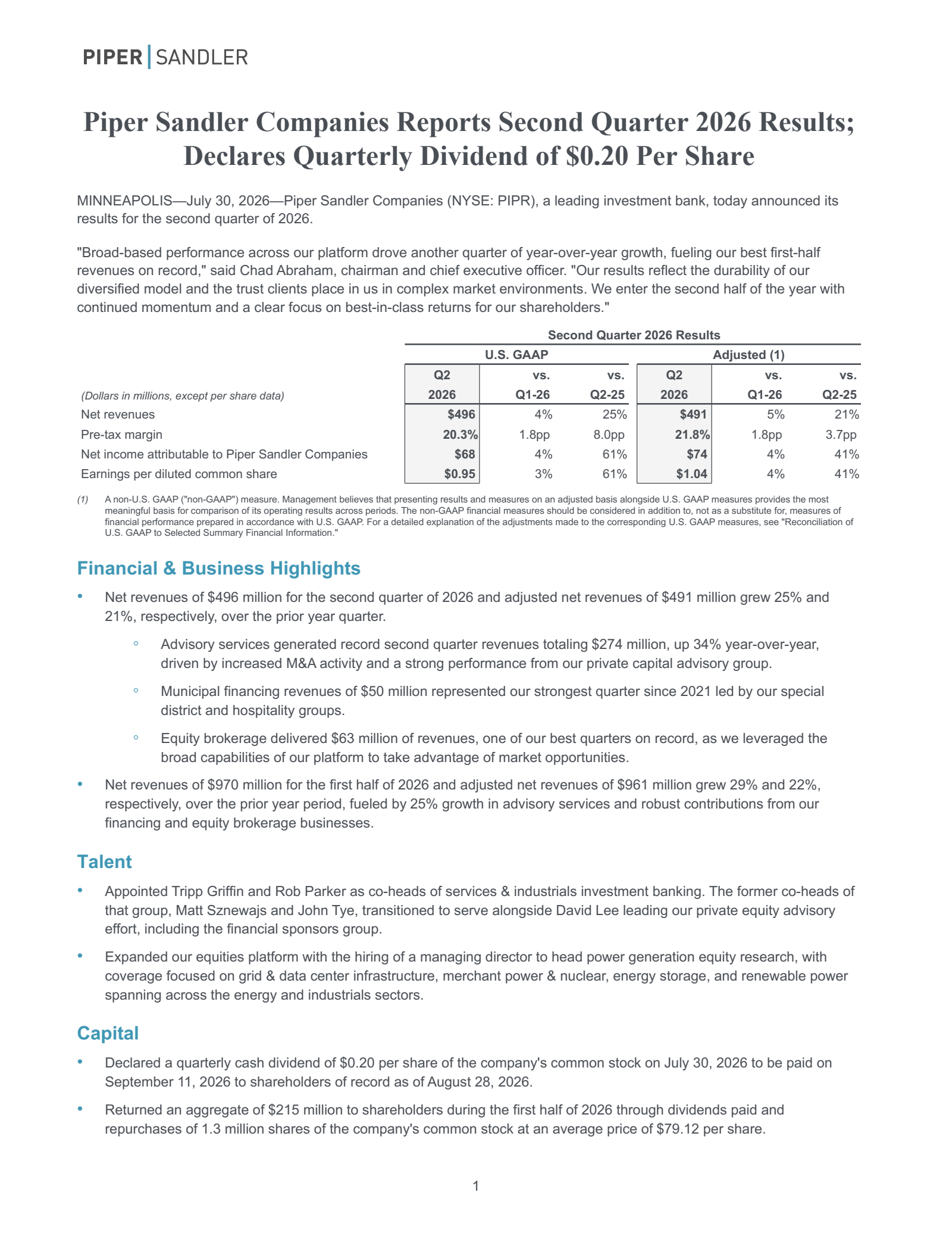 Piper Sandler Companies' Q2 2026 Press Release