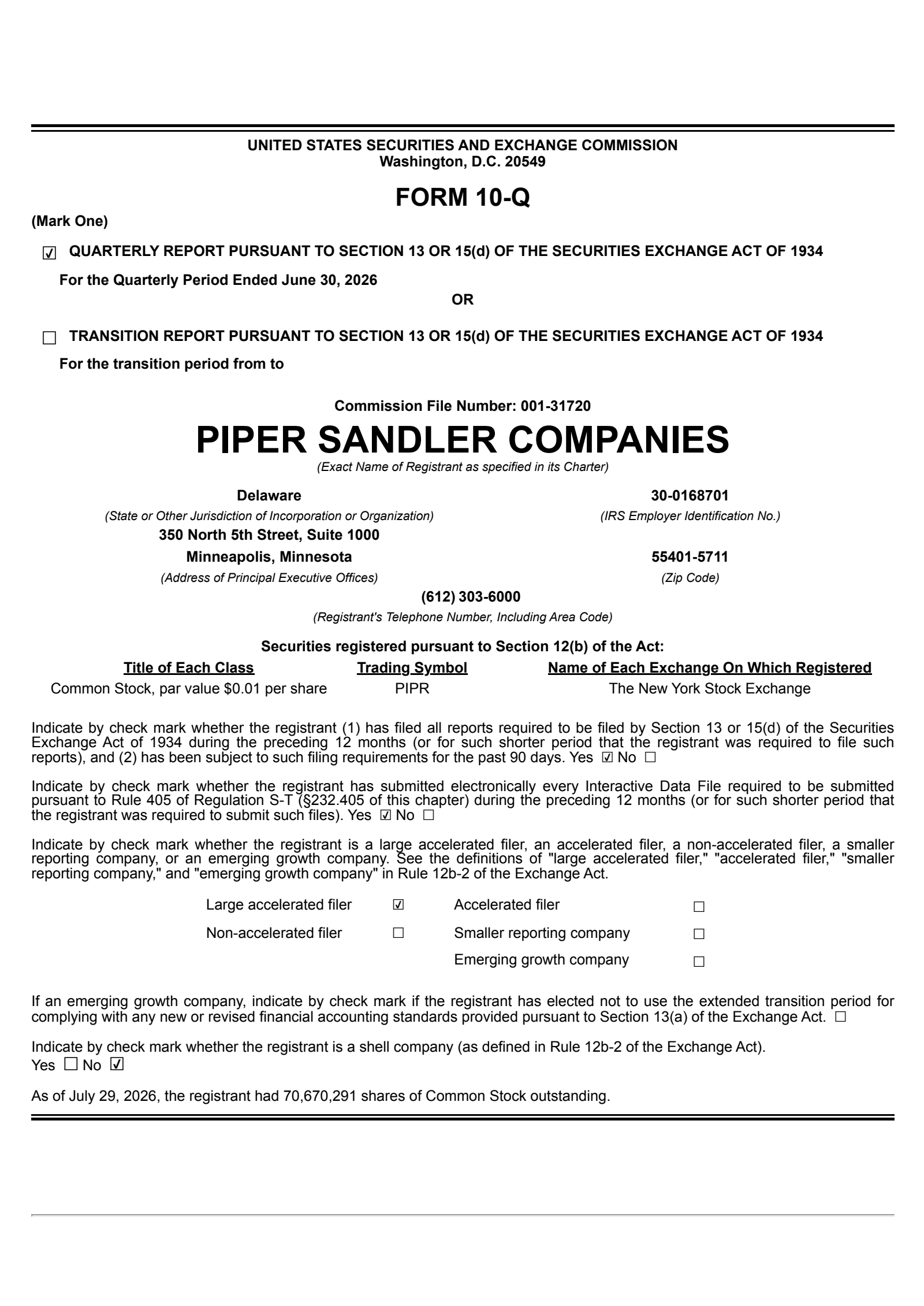 Piper Sandler Companies' Q2 2026 Quarterly report