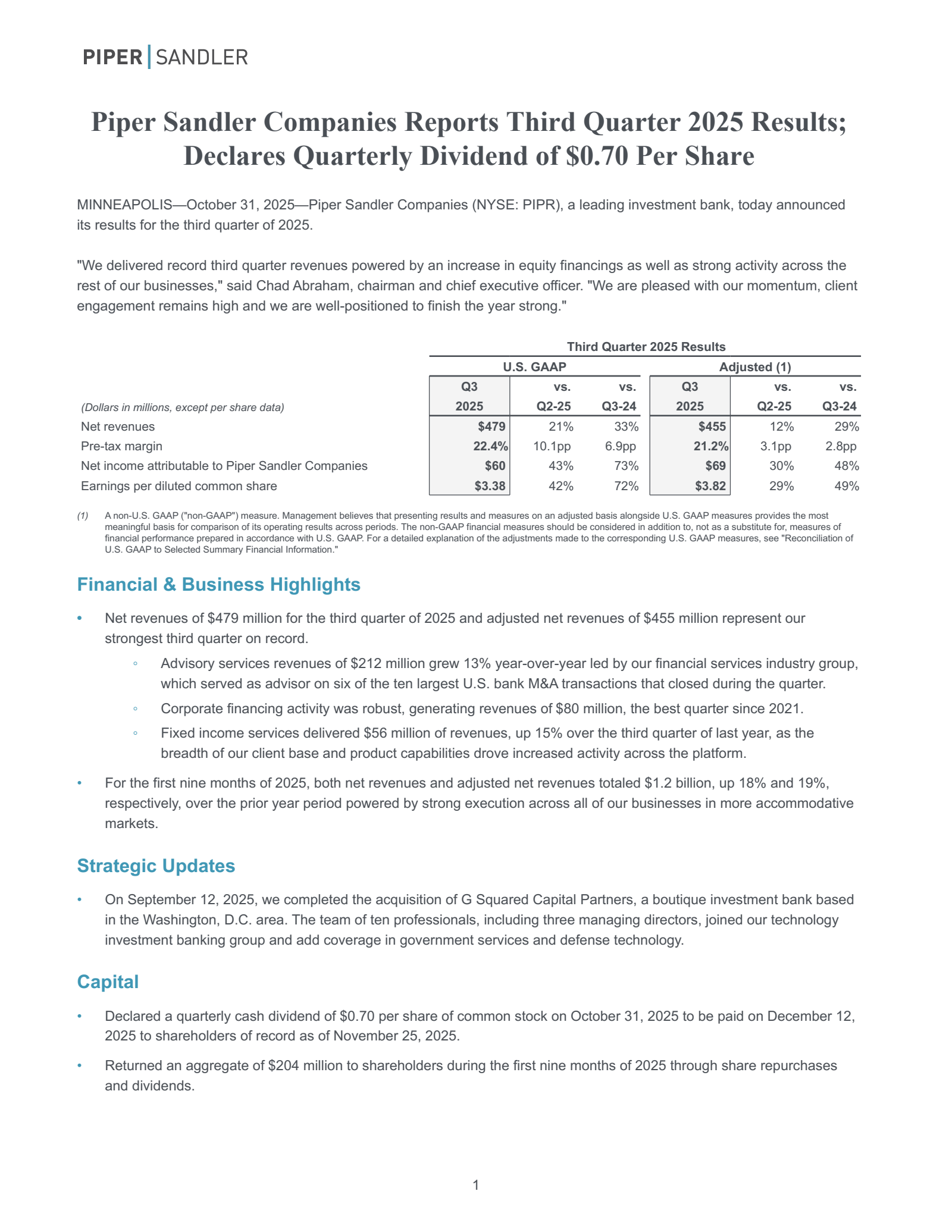 Piper Sandler Companies' Q3 2025 Earnings Release